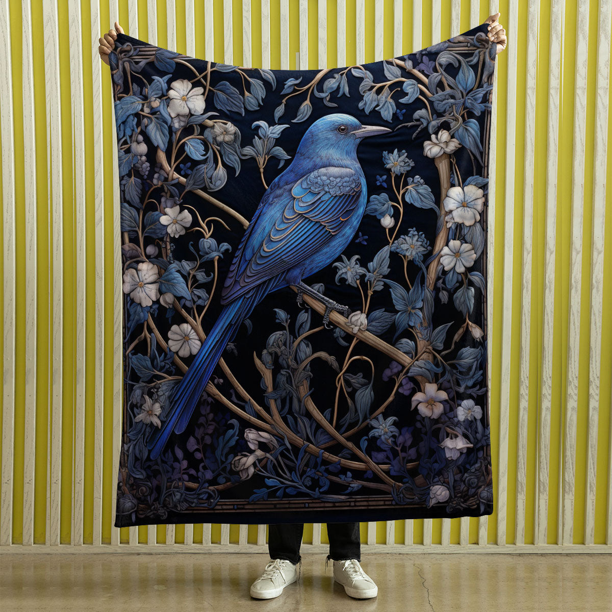 Dark Cottagecore Crow Tapestry Woven | Raven Wall Art Blanket Woven Wall Hanging | Woodland Aesthetic Halloween Gothic Decor Crow Blanket, Bird And Flower 003