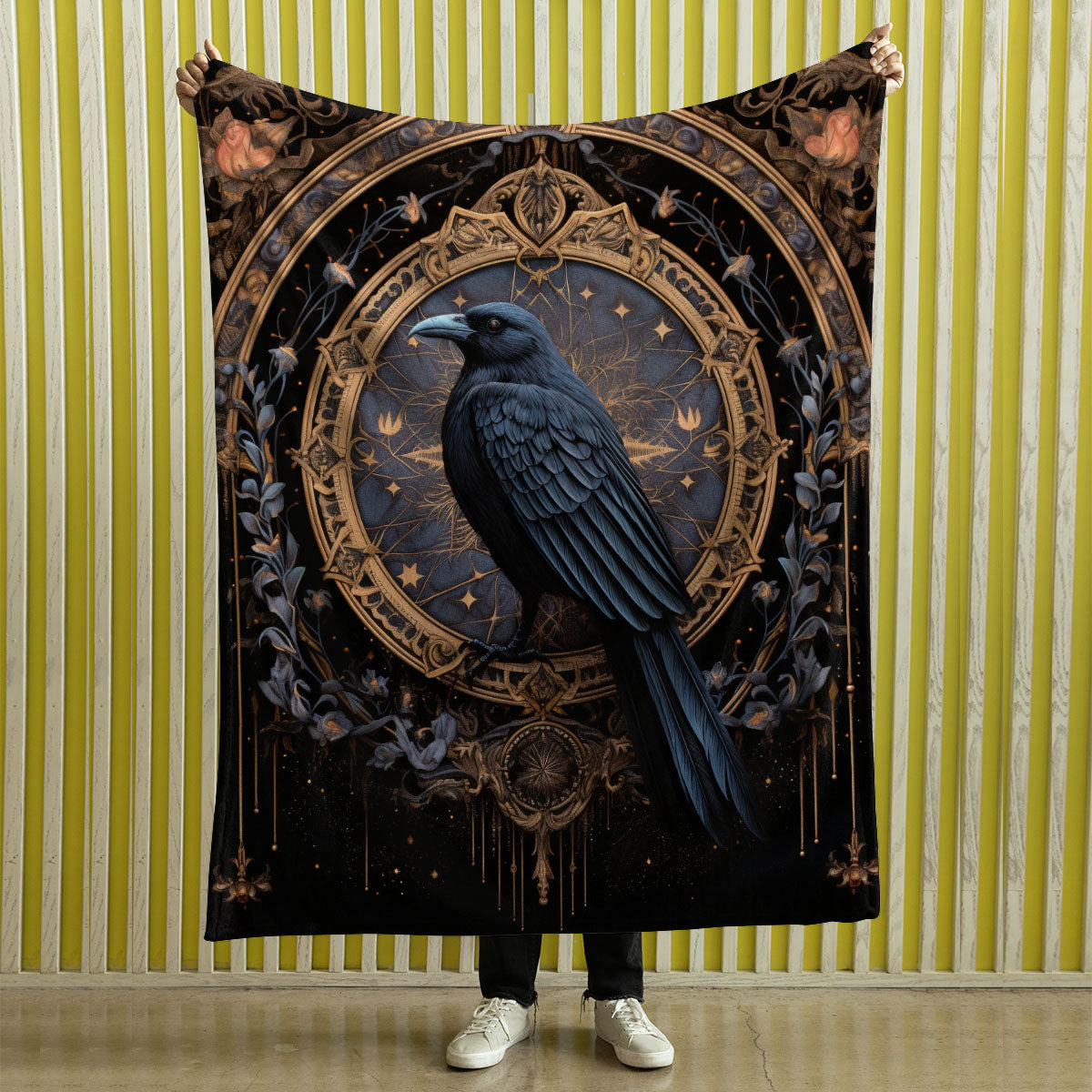 Dark Cottagecore Crow Tapestry Woven | Raven Wall Art Blanket Woven Wall Hanging | Woodland Aesthetic Halloween Gothic Decor Crow Blanket, Bird And Flower 006