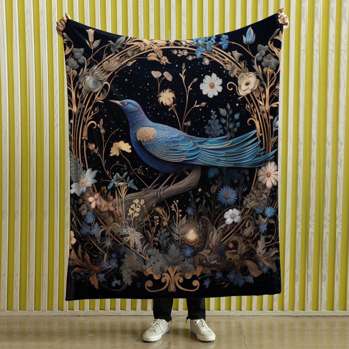 Dark Cottagecore Crow Tapestry Woven | Raven Wall Art Blanket Woven Wall Hanging | Woodland Aesthetic Halloween Gothic Decor Crow Blanket, Bird And Flower 009