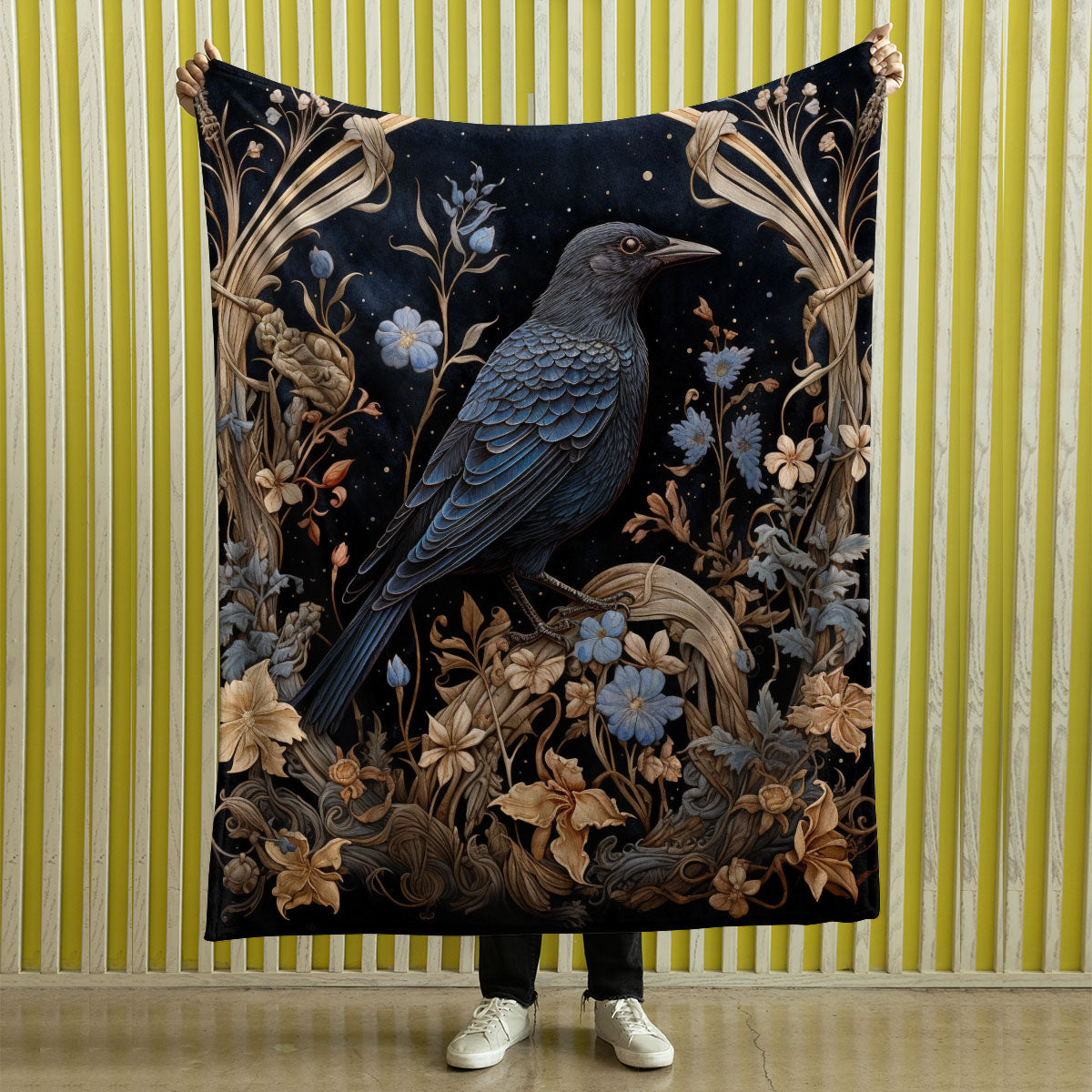 Dark Cottagecore Crow Tapestry Woven | Raven Wall Art Blanket Woven Wall Hanging | Woodland Aesthetic Halloween Gothic Decor Crow Blanket, Bird And Flower 004