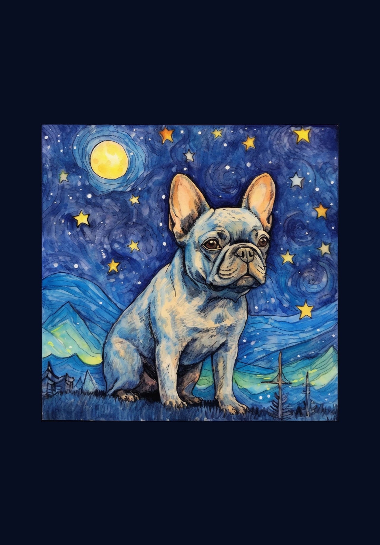 Drawings French Bulldog 02 Van Goh Style Vintage Framed Canvas Prints Wall Art Hanging Home Decor