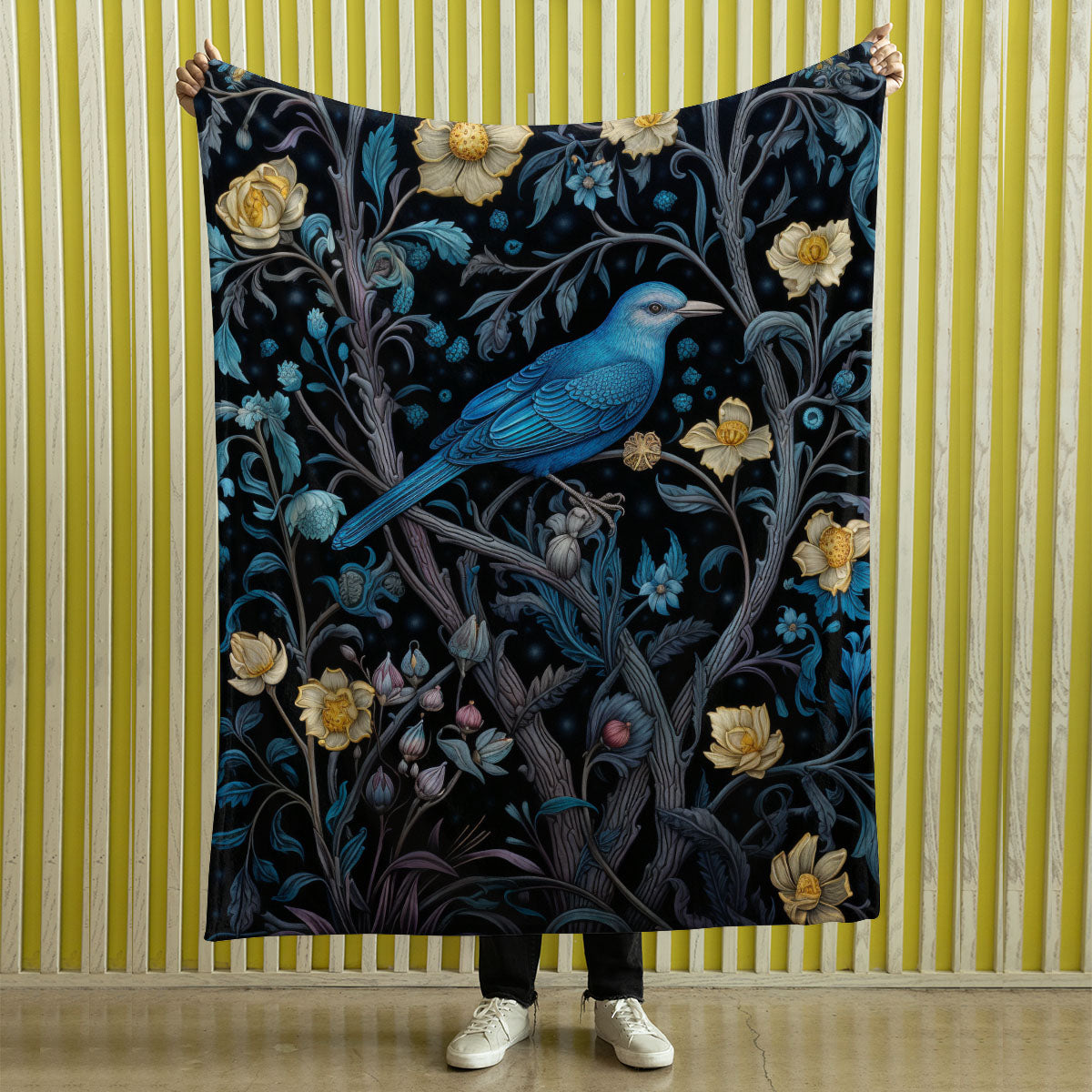Dark Cottagecore Crow Tapestry Woven | Raven Wall Art Blanket Woven Wall Hanging | Woodland Aesthetic Halloween Gothic Decor Crow Blanket, Bird And Flower 002