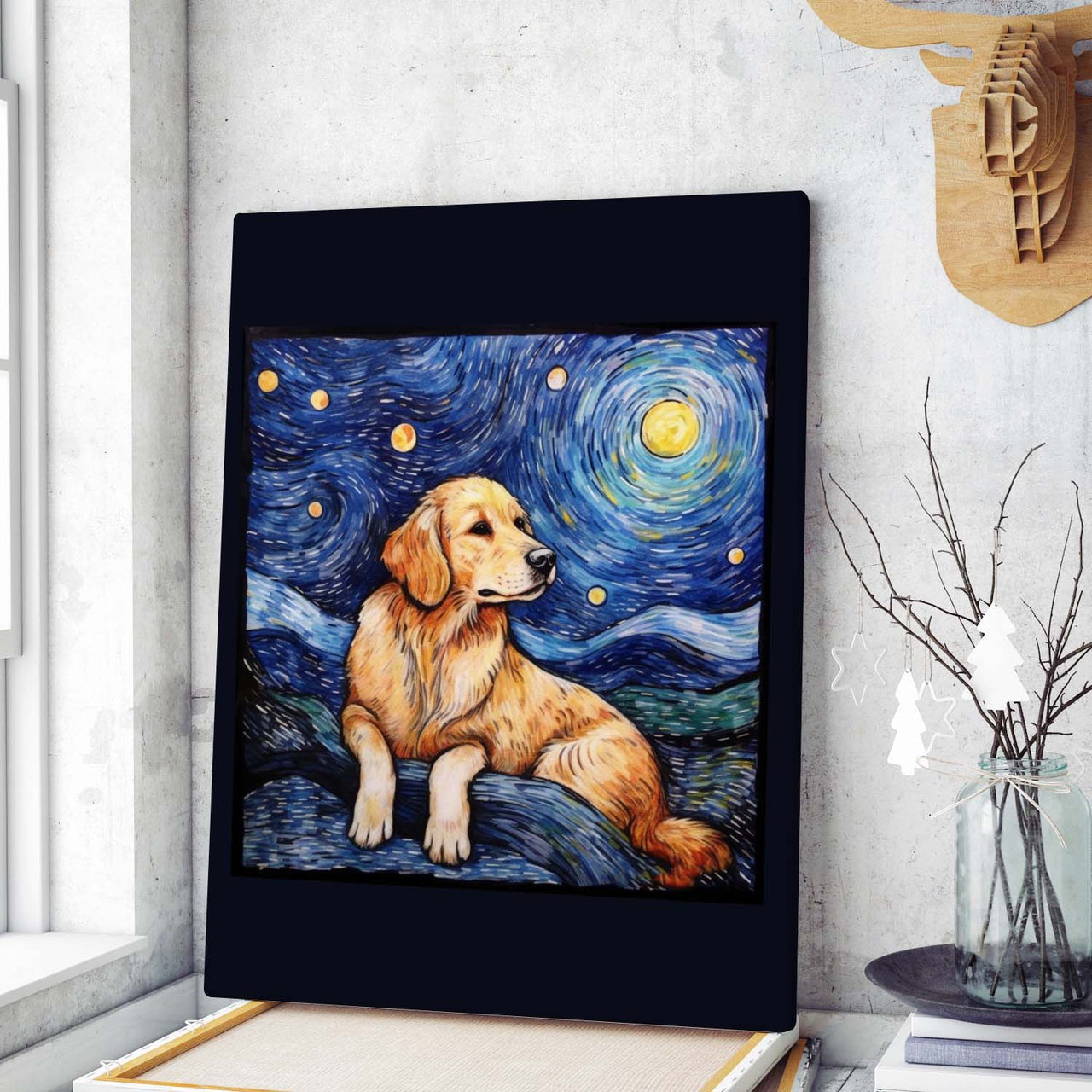 Drawings Golden Retriever Dog Van Goh Style Vintage Framed Canvas Prints Wall Art Hanging Home Decor
