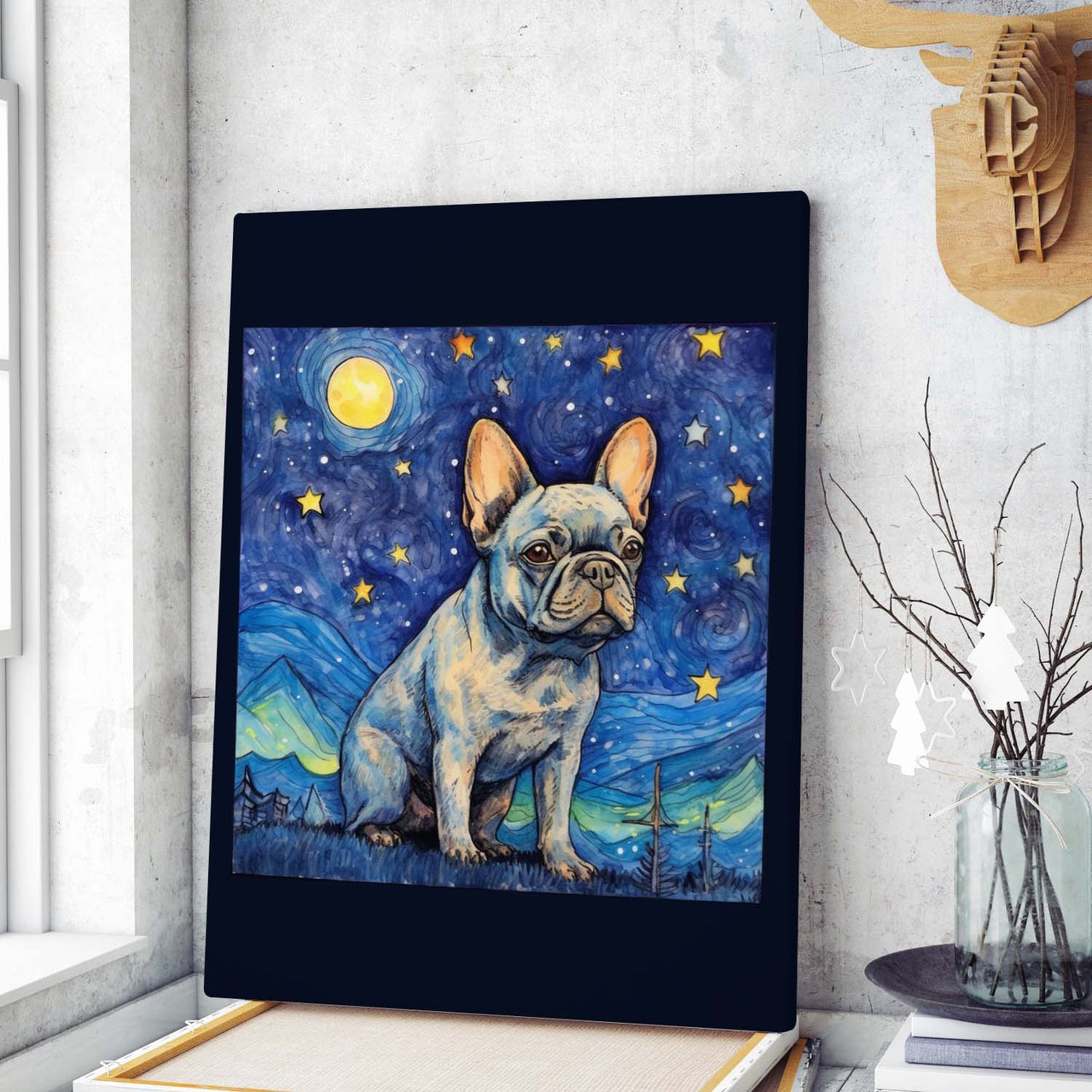 Drawings French Bulldog 02 Van Goh Style Vintage Framed Canvas Prints Wall Art Hanging Home Decor