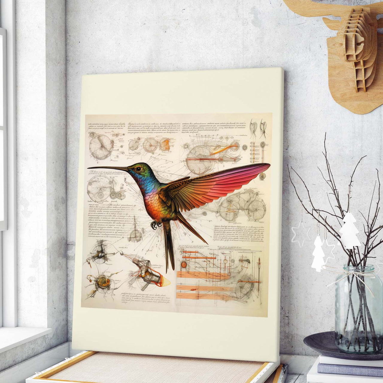 Drawings Hummingbirds 09 Da Vinci Style Vintage Framed Canvas Prints Wall Art Hanging Home Decor