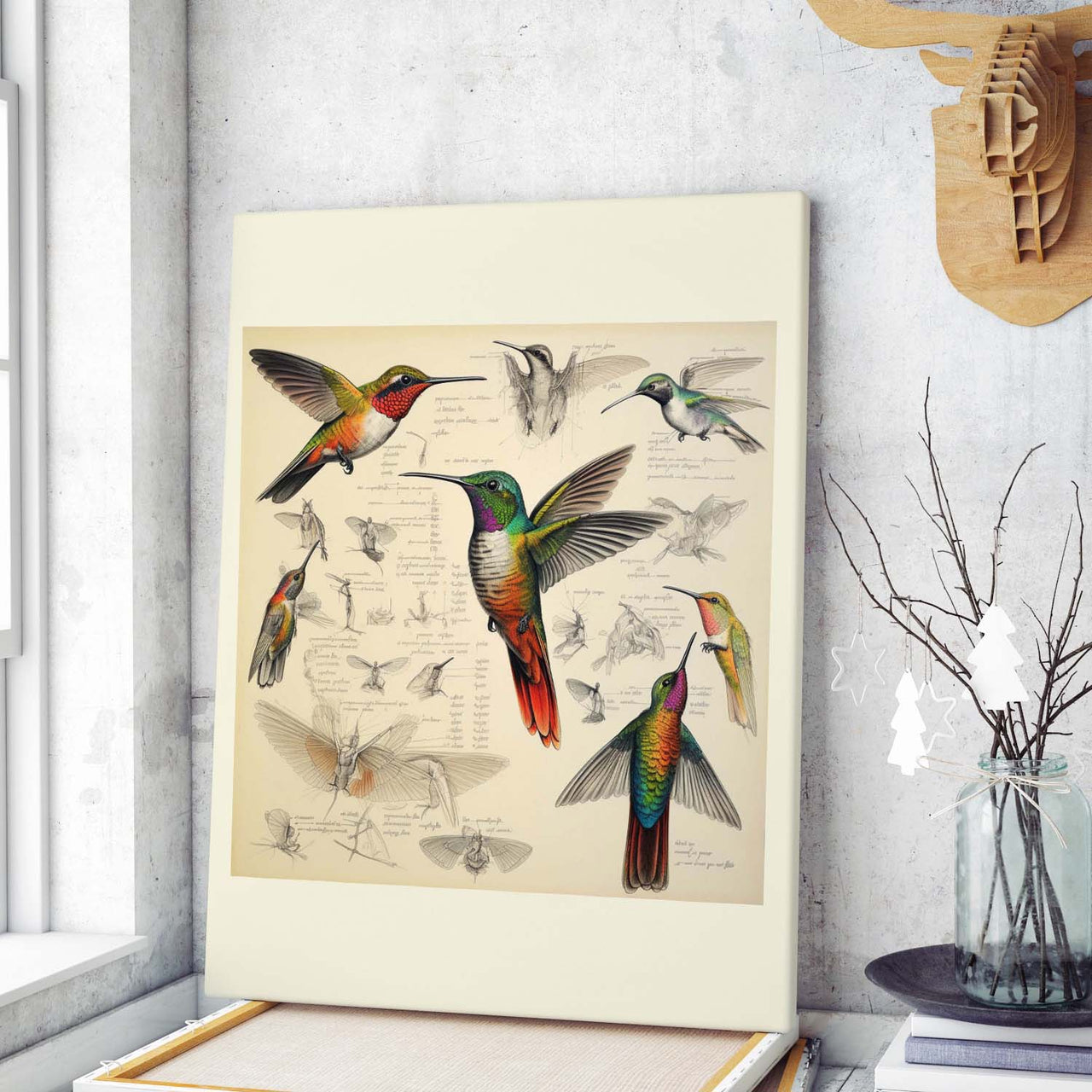 Drawings Hummingbirds 08 Da Vinci Style Vintage Framed Canvas Prints Wall Art Hanging Home Decor