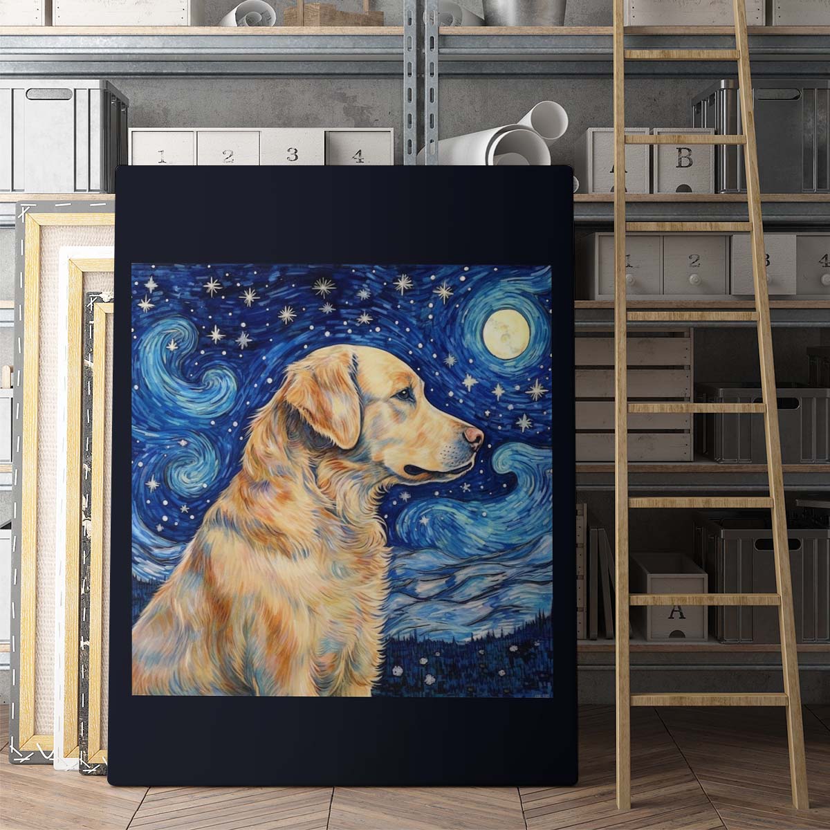Drawings Golden Retriever Dog 02 Van Goh Style Vintage Framed Canvas Prints Wall Art Hanging Home Decor