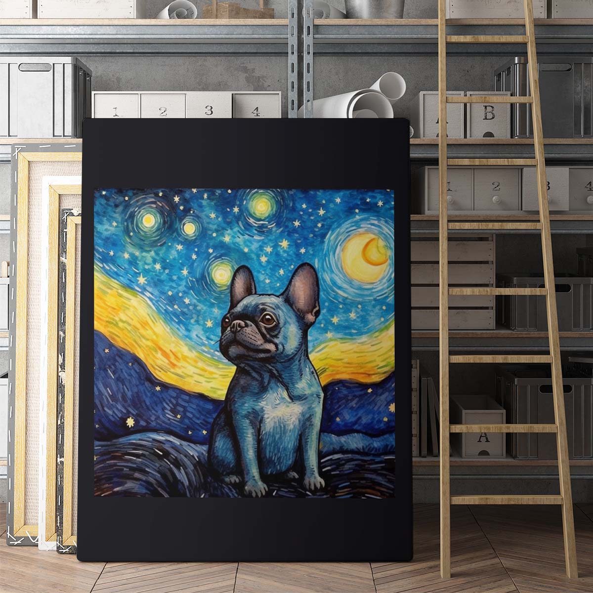 Drawings French Bulldog 03 Van Goh Style Vintage Framed Canvas Prints Wall Art Hanging Home Decor