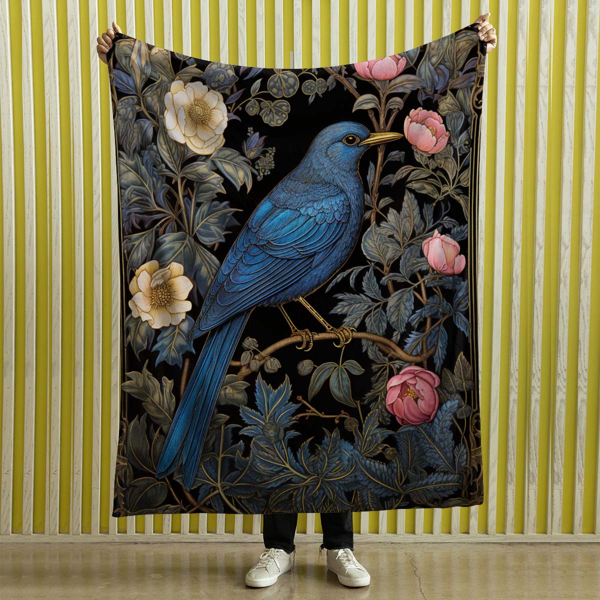 Dark Cottagecore Crow Tapestry Woven | Raven Wall Art Blanket Woven Wall Hanging | Woodland Aesthetic Halloween Gothic Decor Crow Blanket, Bird And Flower 001