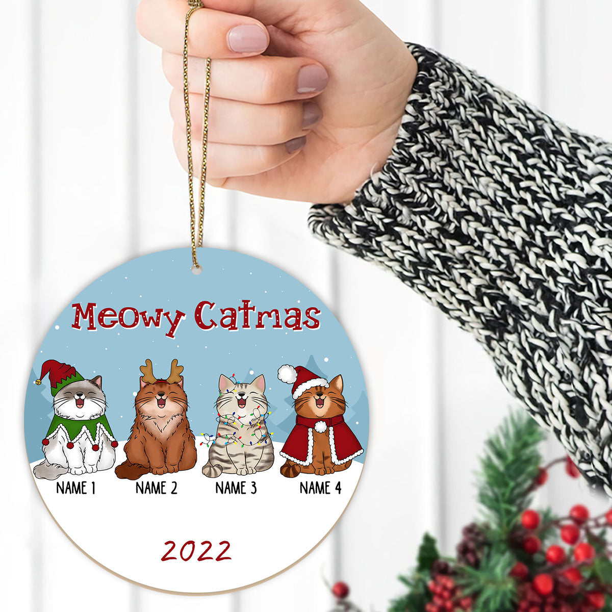 Meowy Catmas 2023 Personalized Custom Cat Ornament, Custom Cat Breeds, Christmas Premium Ceramic Ornaments Sets