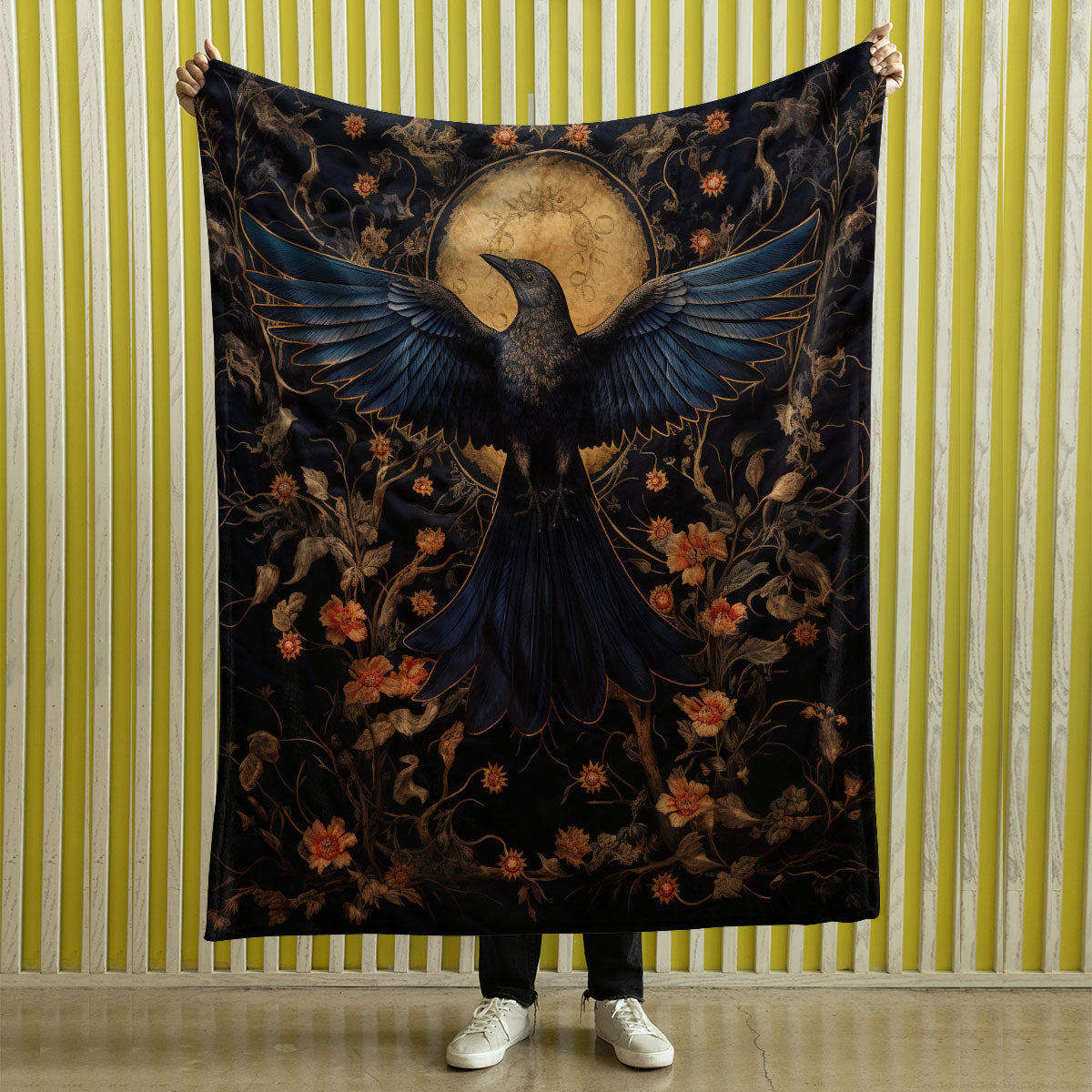 Dark Cottagecore Crow Tapestry Woven | Raven Wall Art Blanket Woven Wall Hanging | Woodland Aesthetic Halloween Gothic Decor Crow Blanket, Bird And Flower 008
