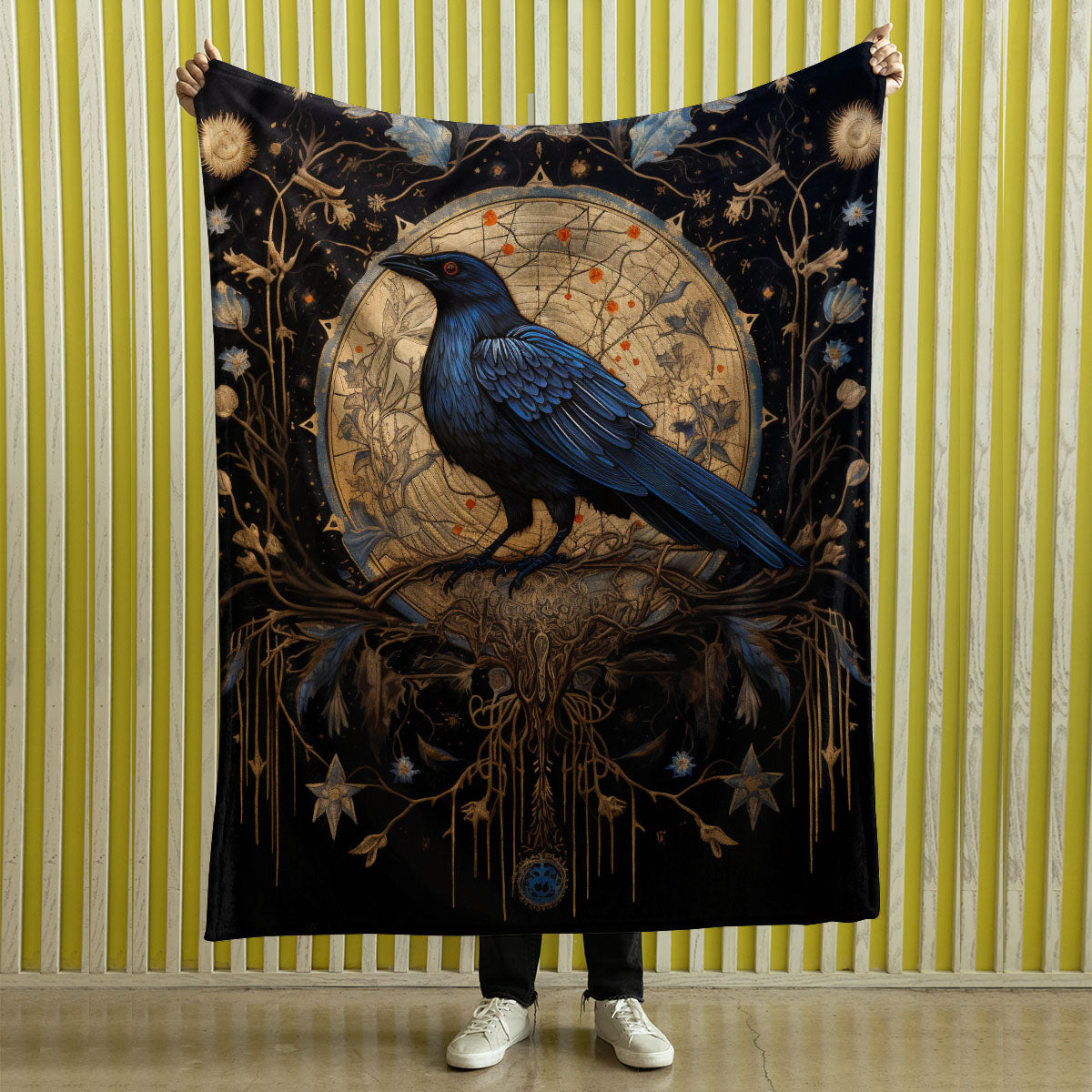 Dark Cottagecore Crow Tapestry Woven | Raven Wall Art Blanket Woven Wall Hanging | Woodland Aesthetic Halloween Gothic Decor Crow Blanket, Bird And Flower 007