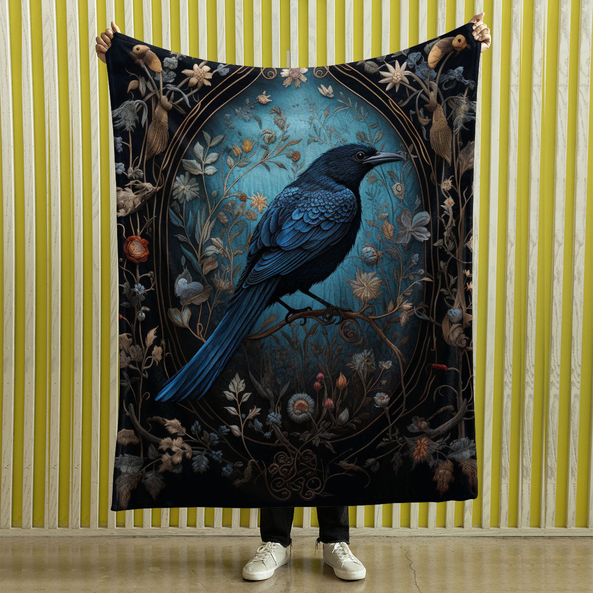 Dark Cottagecore Crow Tapestry Woven | Raven Wall Art Blanket Woven Wall Hanging | Woodland Aesthetic Halloween Gothic Decor Crow Blanket, Bird And Flower 010