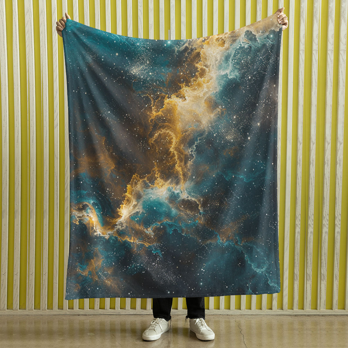 Space Blanket - Galaxy fleece blanket, Heart Nebula Centre Blanket, Galaxy Blanket, cosy room decor, blue and gold throw, lightweight fleece, clouds in outer space 003