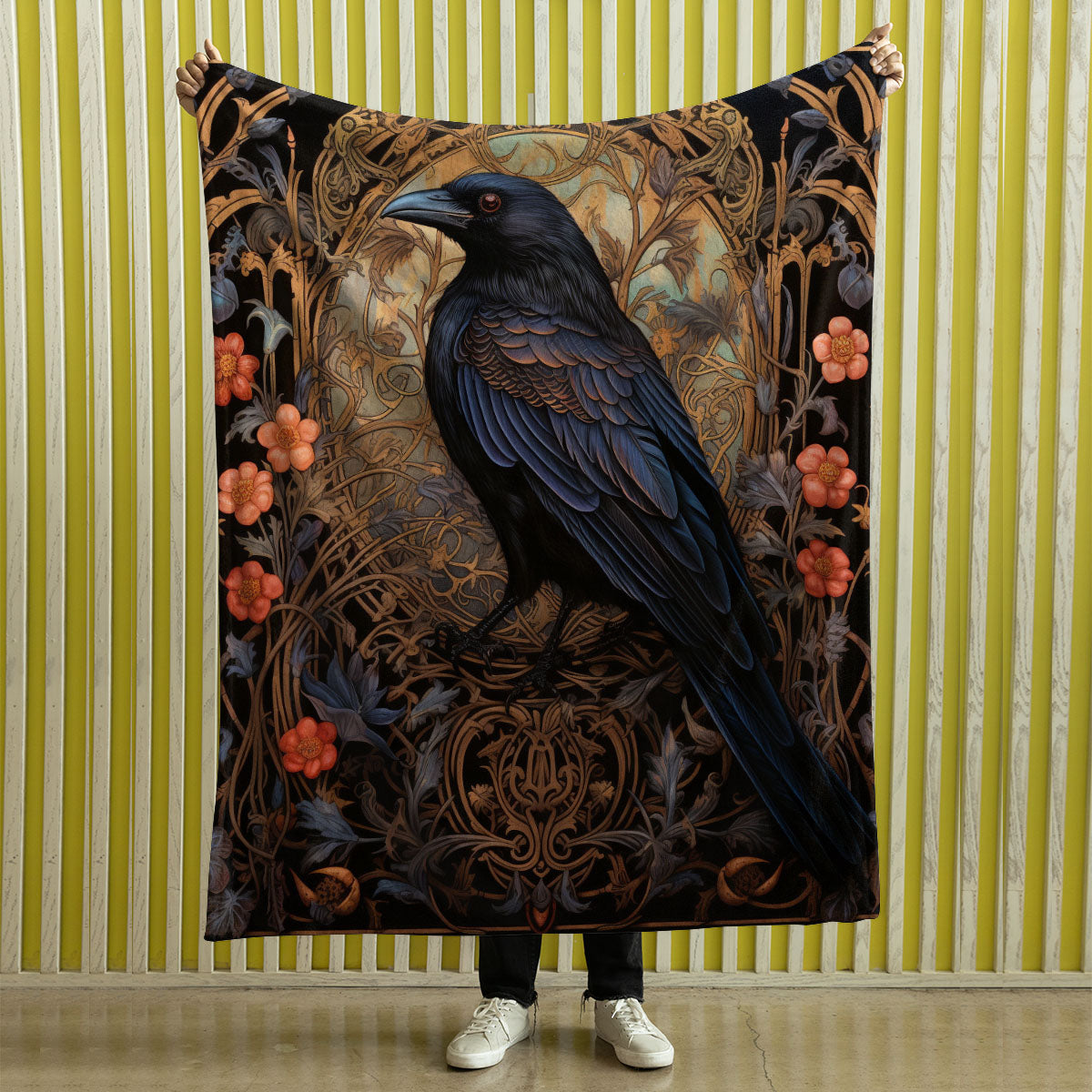 Dark Cottagecore Crow Tapestry Woven | Raven Wall Art Blanket Woven Wall Hanging | Woodland Aesthetic Halloween Gothic Decor Crow Blanket, Bird And Flower 005