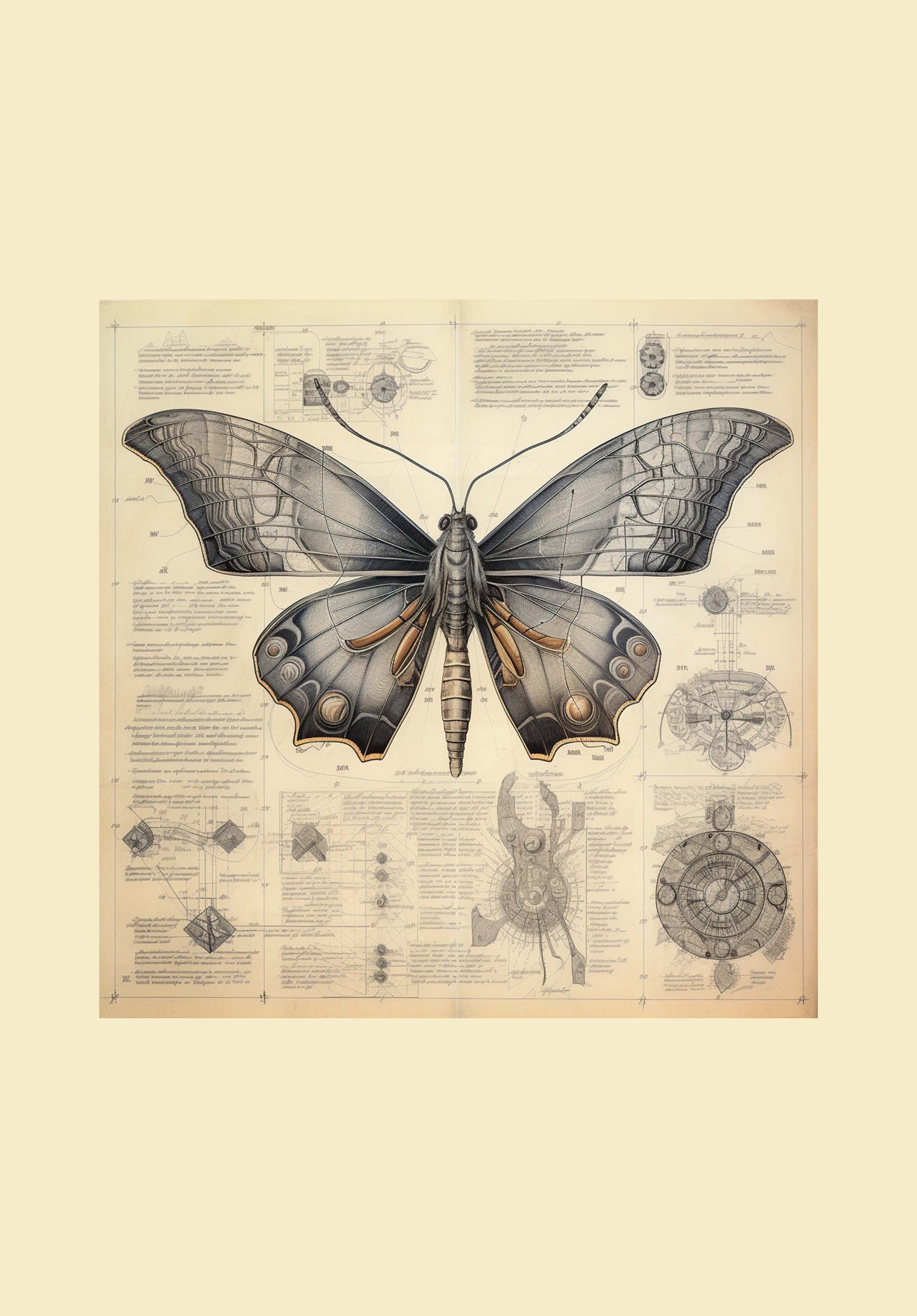 Drawings Butterfly Da Vinci Style Vintage Framed Canvas Prints Wall Art Hanging Home Decor