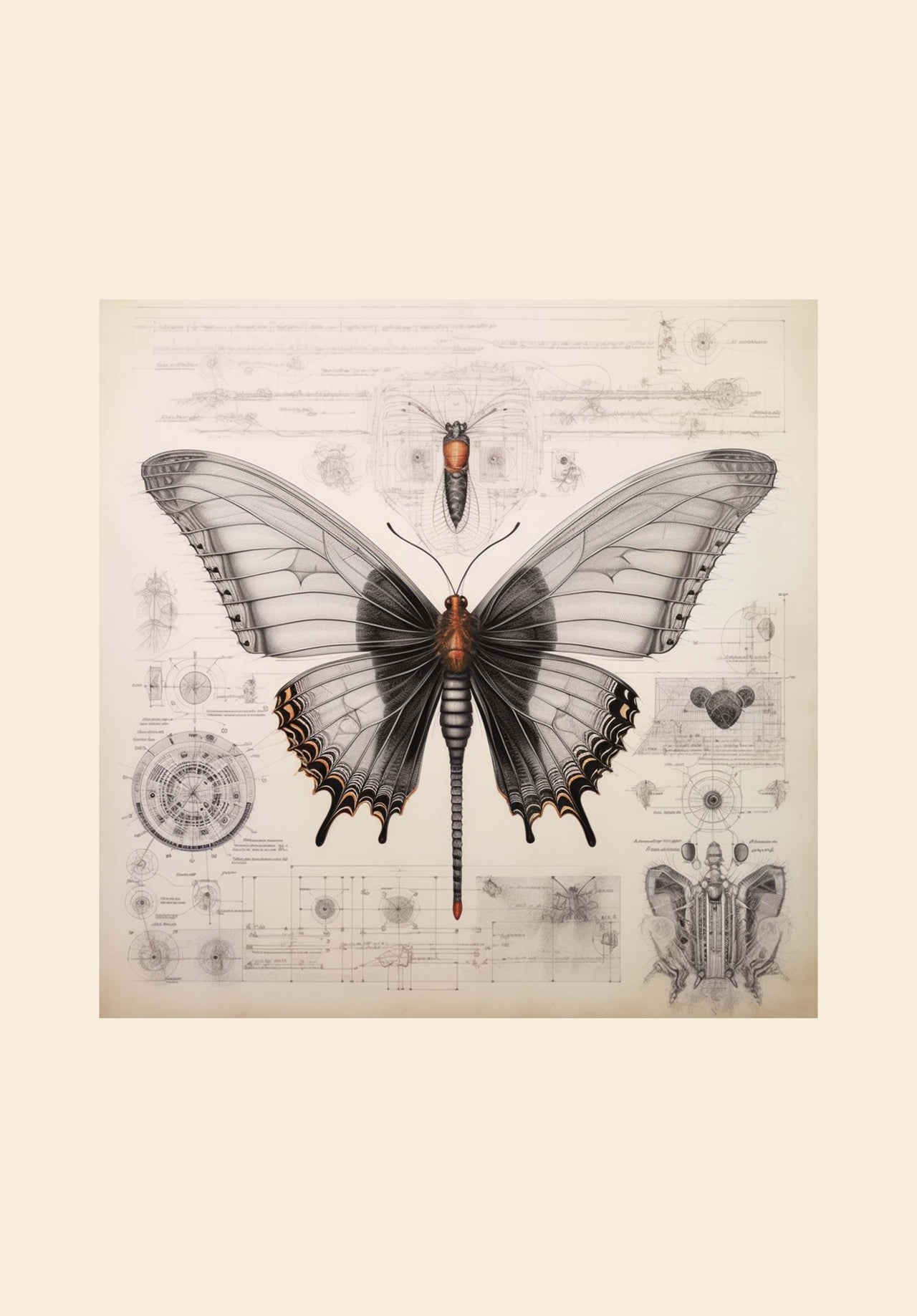Drawings Butterfly 03 Da Vinci Style Vintage Framed Canvas Prints Wall Art Hanging Home Decor