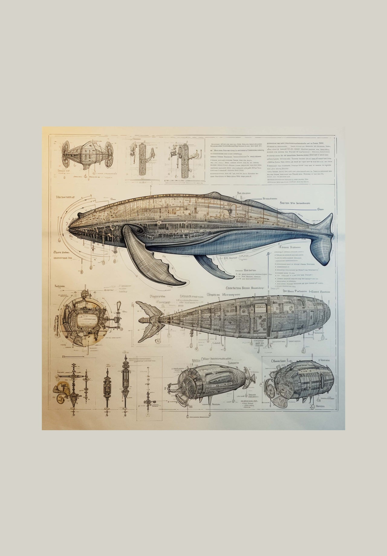 Drawings Whale 02 Da Vinci Style Vintage Framed Canvas Prints Wall Art Hanging Home Decor