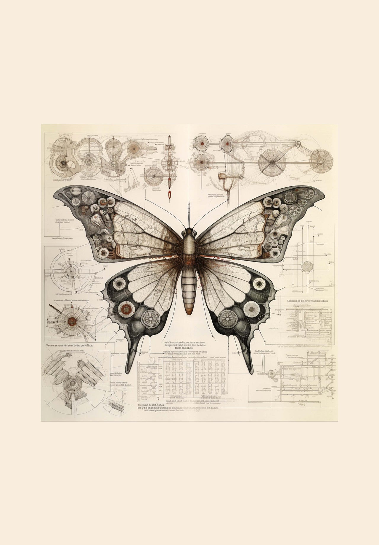 Drawings Butterfly 02 Da Vinci Style Vintage Framed Canvas Prints Wall Art Hanging Home Decor
