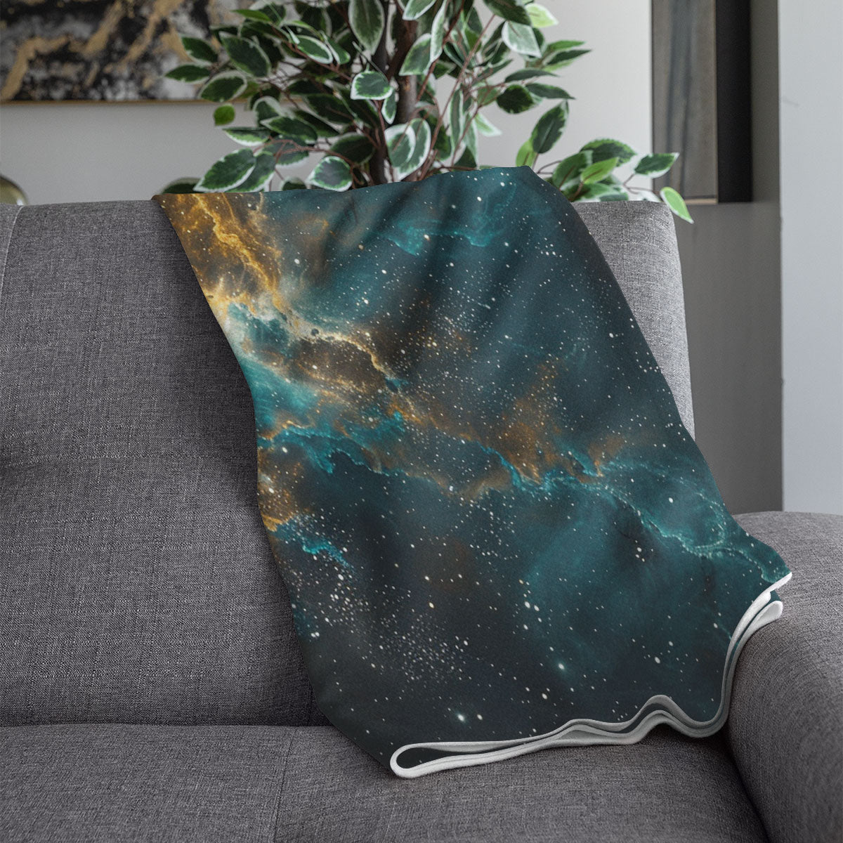 Space Blanket - Galaxy fleece blanket, Heart Nebula Centre Blanket, Galaxy Blanket, cosy room decor, blue and gold throw, lightweight fleece, clouds in outer space 003