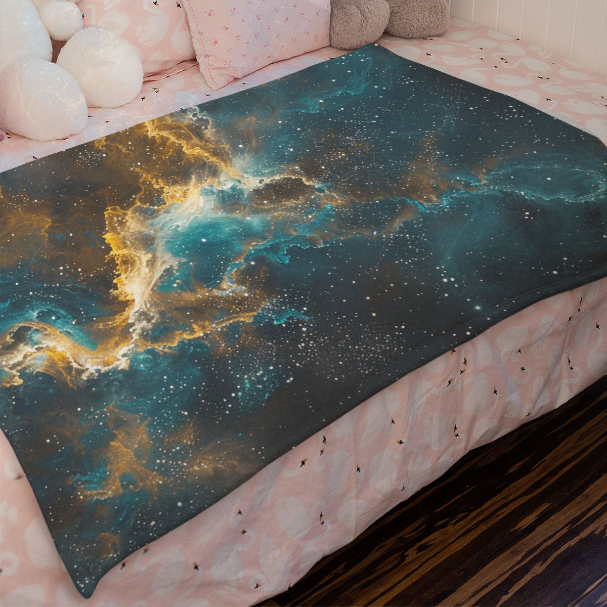 Space Blanket - Galaxy fleece blanket, Heart Nebula Centre Blanket, Galaxy Blanket, cosy room decor, blue and gold throw, lightweight fleece, clouds in outer space 003