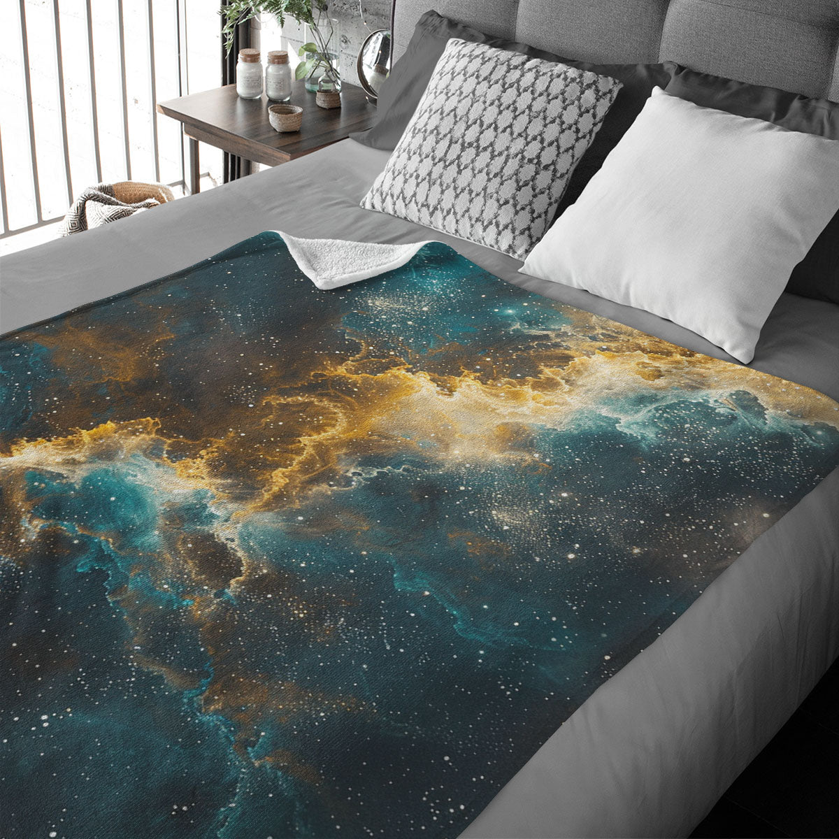 Space Blanket - Galaxy fleece blanket, Heart Nebula Centre Blanket, Galaxy Blanket, cosy room decor, blue and gold throw, lightweight fleece, clouds in outer space 003