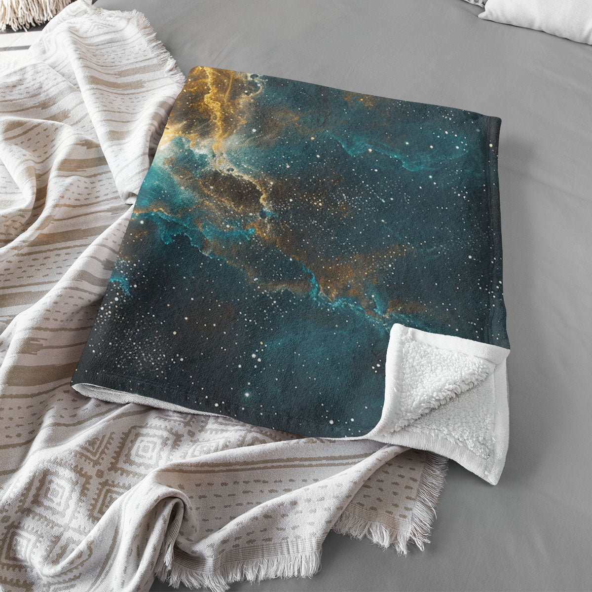 Space Blanket - Galaxy fleece blanket, Heart Nebula Centre Blanket, Galaxy Blanket, cosy room decor, blue and gold throw, lightweight fleece, clouds in outer space 003