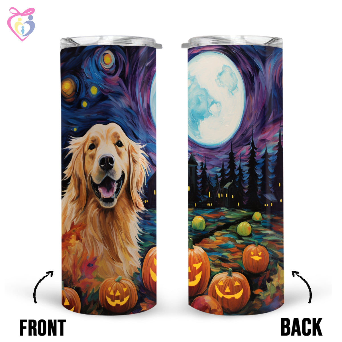 Golden Retrievers Halloween With Pumpkin 20oz Skinny Tumbler, Holiday Skinny Tumbler, For Dog Lovers, Vibrant Tumbler, Trending Tumbler