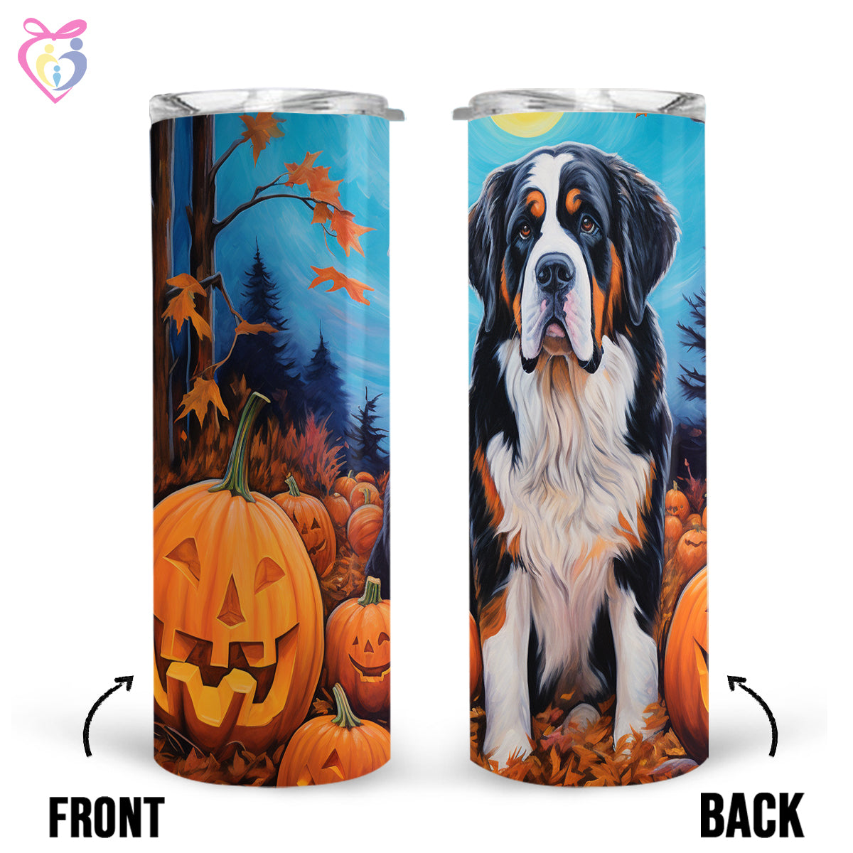 St. Bernards Halloween With Pumpkin 20oz Skinny Tumbler, Holiday Skinny Tumbler, For Dog Lovers, Vibrant Tumbler, Trending Tumbler