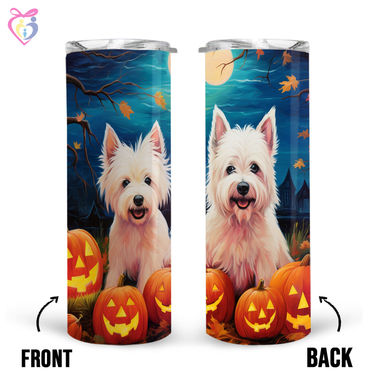 West Highland White Terriers Halloween With Pumpkin 20oz Skinny Tumbler, Holiday Skinny Tumbler, For Dog Lovers, Vibrant Tumbler, Trending Tumbler