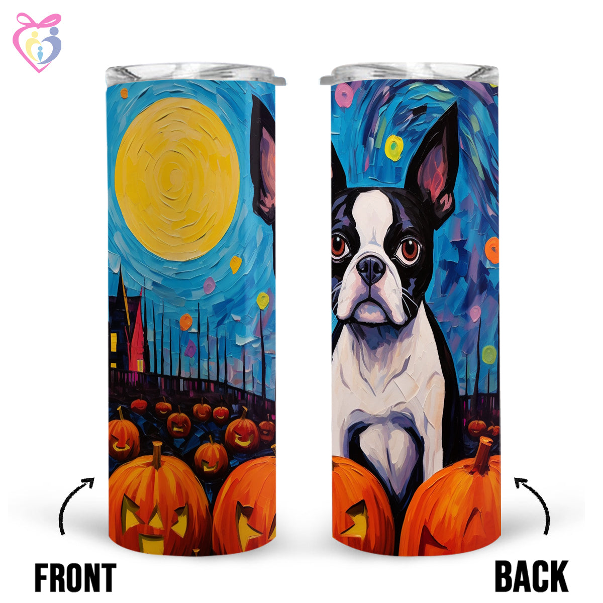 Boston Terriers Halloween With Pumpkin 20oz Skinny Tumbler, Holiday Skinny Tumbler, Alcohol Tumbler, Vibrant Tumbler, Trending Tumbler