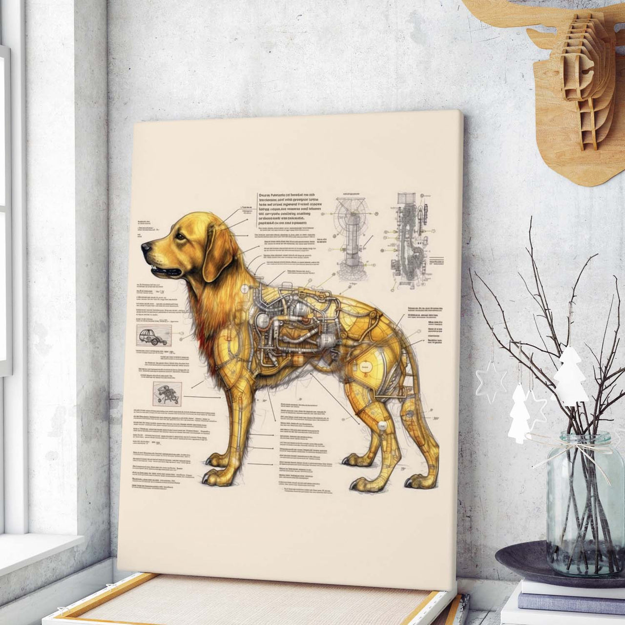 Drawings Golden Retriever 03 Dog Da Vinci Style Vintage Framed Canvas Prints Wall Art Hanging Home Decor