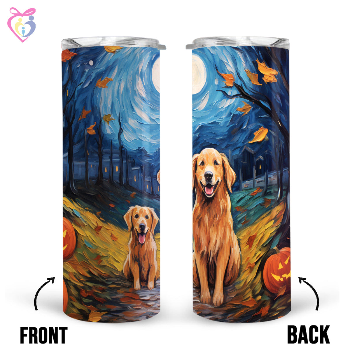 Golden Retrievers Halloween With Pumpkin 20oz Skinny Tumbler, Holiday Skinny Tumbler, For Dog Lovers, Vibrant Tumbler, Trending Tumbler