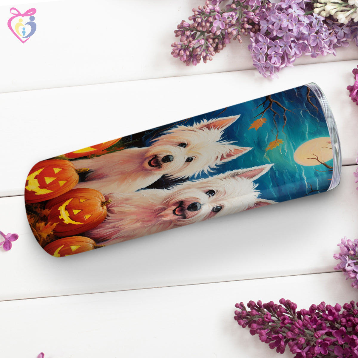 West Highland White Terriers Halloween With Pumpkin 20oz Skinny Tumbler, Holiday Skinny Tumbler, For Dog Lovers, Vibrant Tumbler, Trending Tumbler