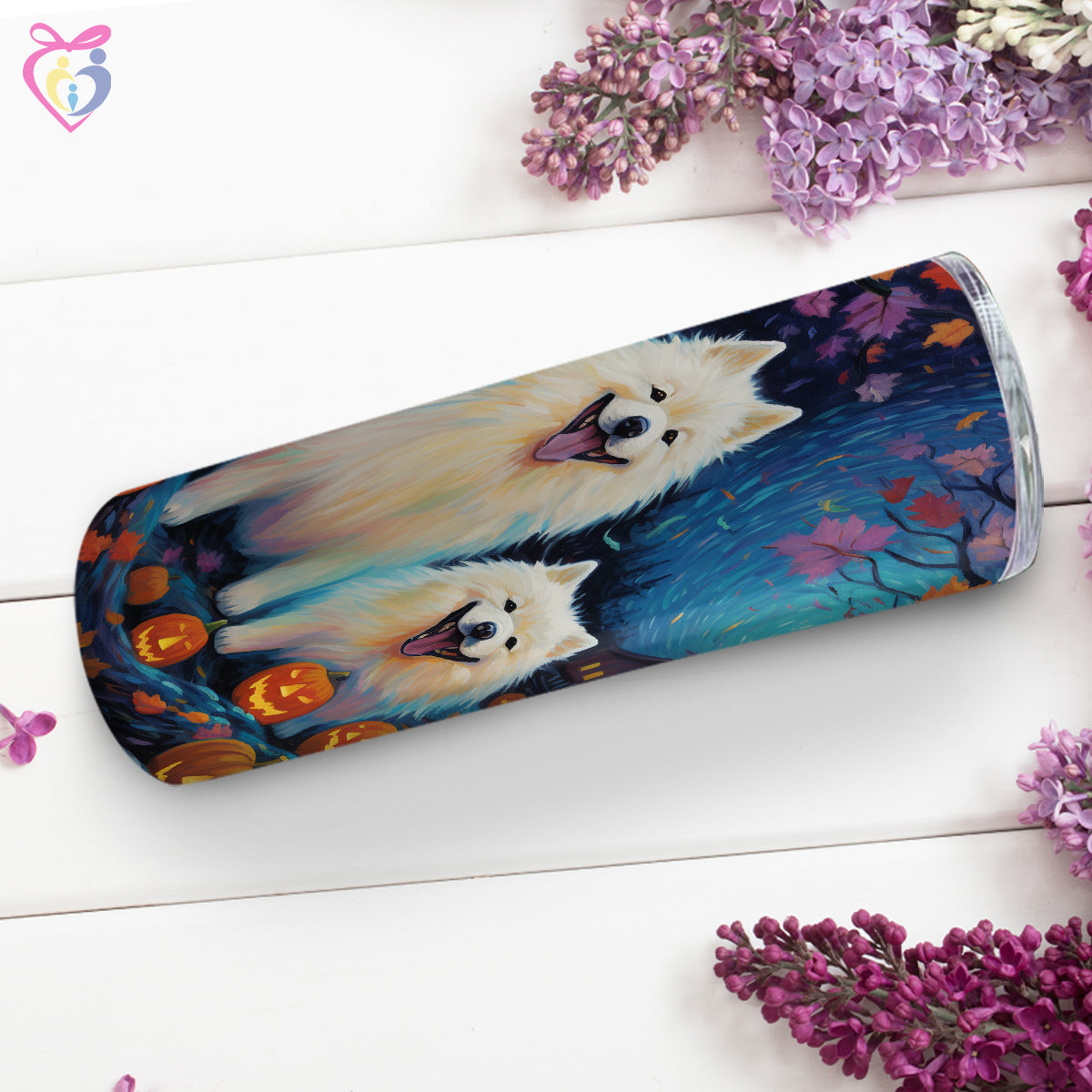 Samoyeds Halloween With Pumpkin 20oz Skinny Tumbler, Holiday Skinny Tumbler, For Dog Lovers, Vibrant Tumbler, Trending Tumbler