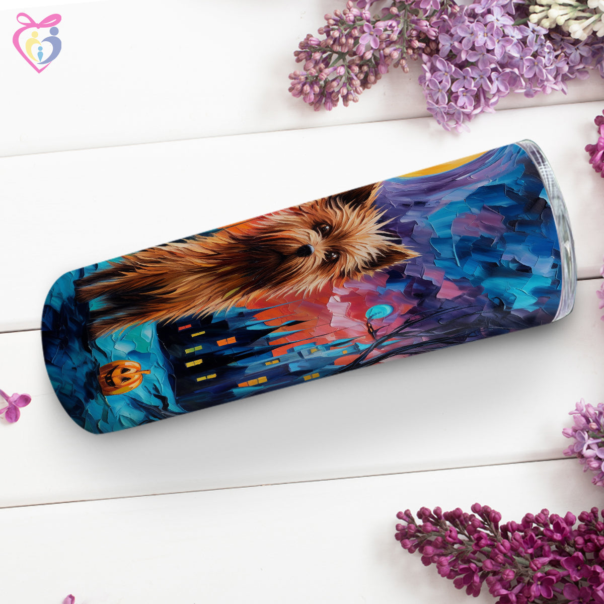 Yorkshire Terriers Halloween With Pumpkin 20oz Skinny Tumbler, Holiday Skinny Tumbler, For Dog Lovers, Vibrant Tumbler, Trending Tumbler