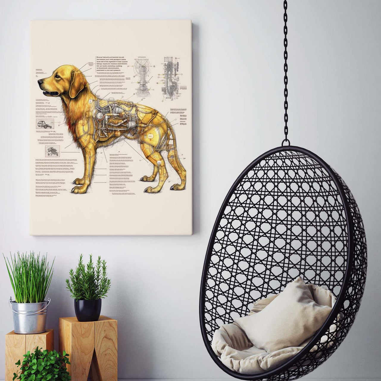 Drawings Golden Retriever 03 Dog Da Vinci Style Vintage Framed Canvas Prints Wall Art Hanging Home Decor