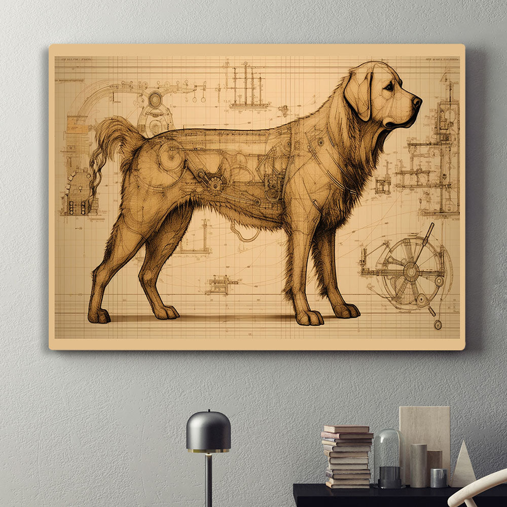 Drawings Golden Retriever 02 Dog Da Vinci Style Vintage Framed Canvas Prints Wall Art Hanging Home Decor