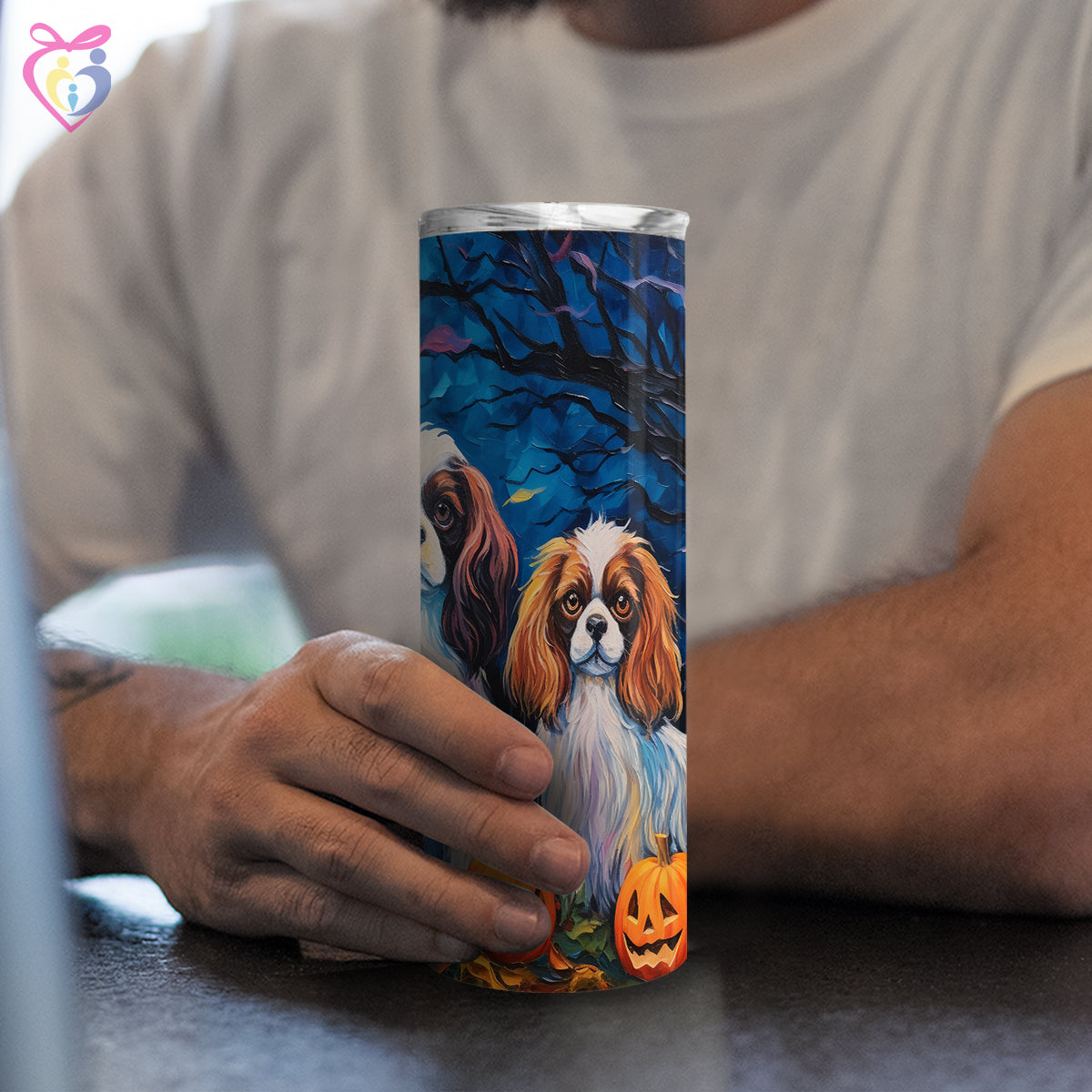 Cavalier King Charles Spaniels Halloween With Pumpkin 20oz Skinny Tumbler, Holiday Skinny Tumbler, For Dog Lovers, Vibrant Tumbler, Trending Tumbler