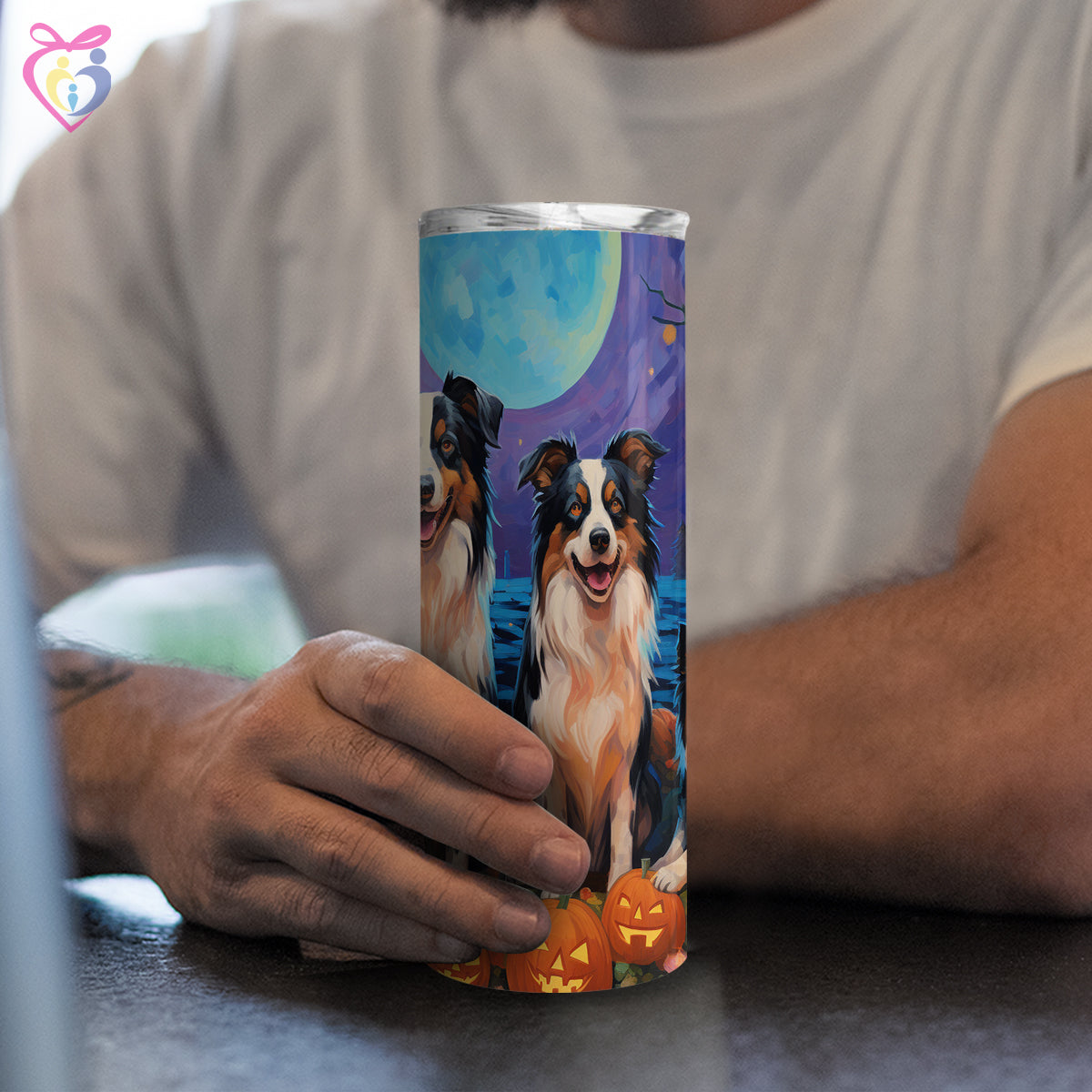 Miniature American Shepherds Halloween With Pumpkin 20oz Skinny Tumbler, Holiday Skinny Tumbler, For Dog Lovers, Vibrant Tumbler, Trending Tumbler