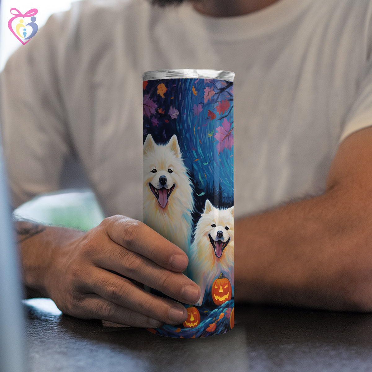 Samoyeds Halloween With Pumpkin 20oz Skinny Tumbler, Holiday Skinny Tumbler, For Dog Lovers, Vibrant Tumbler, Trending Tumbler