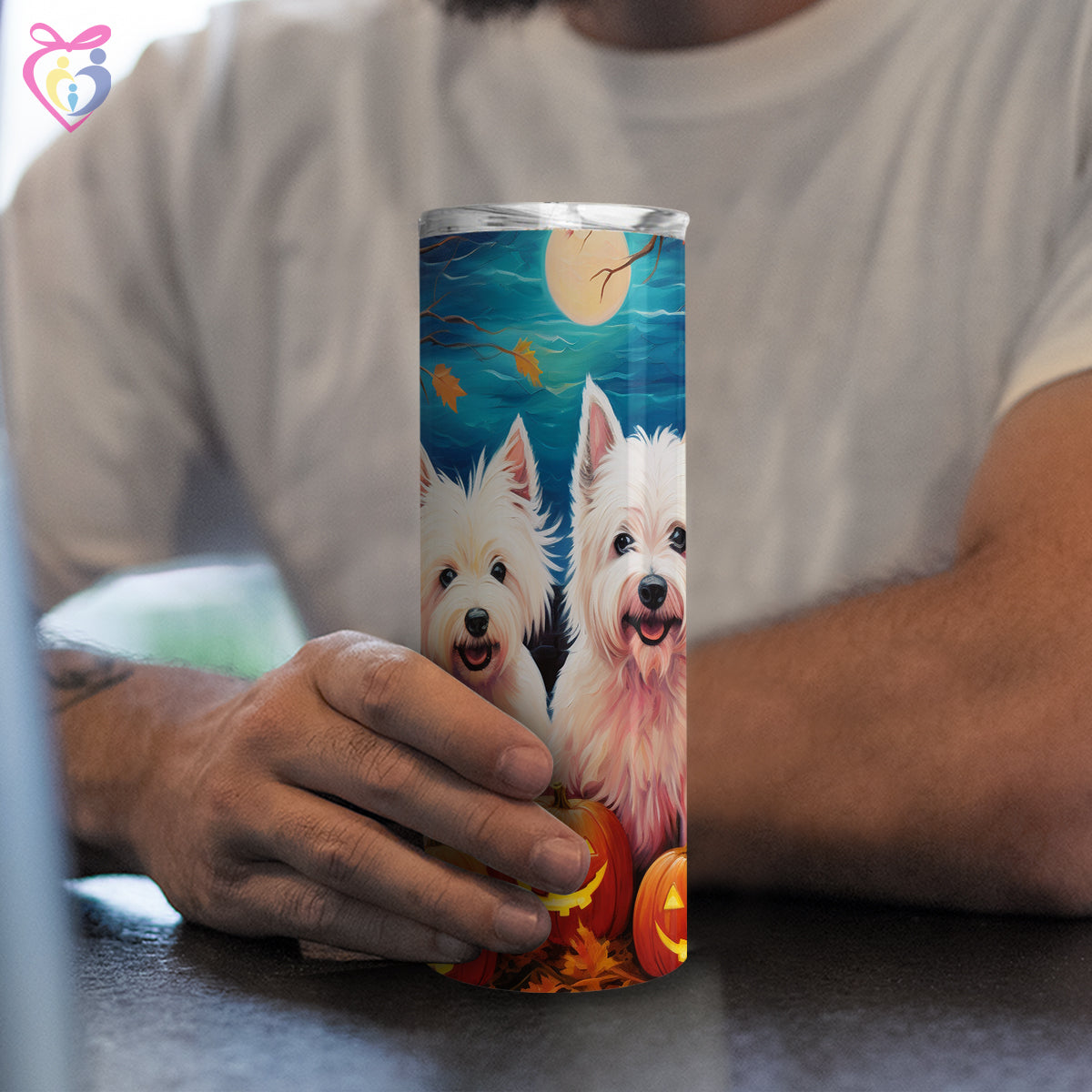 West Highland White Terriers Halloween With Pumpkin 20oz Skinny Tumbler, Holiday Skinny Tumbler, For Dog Lovers, Vibrant Tumbler, Trending Tumbler