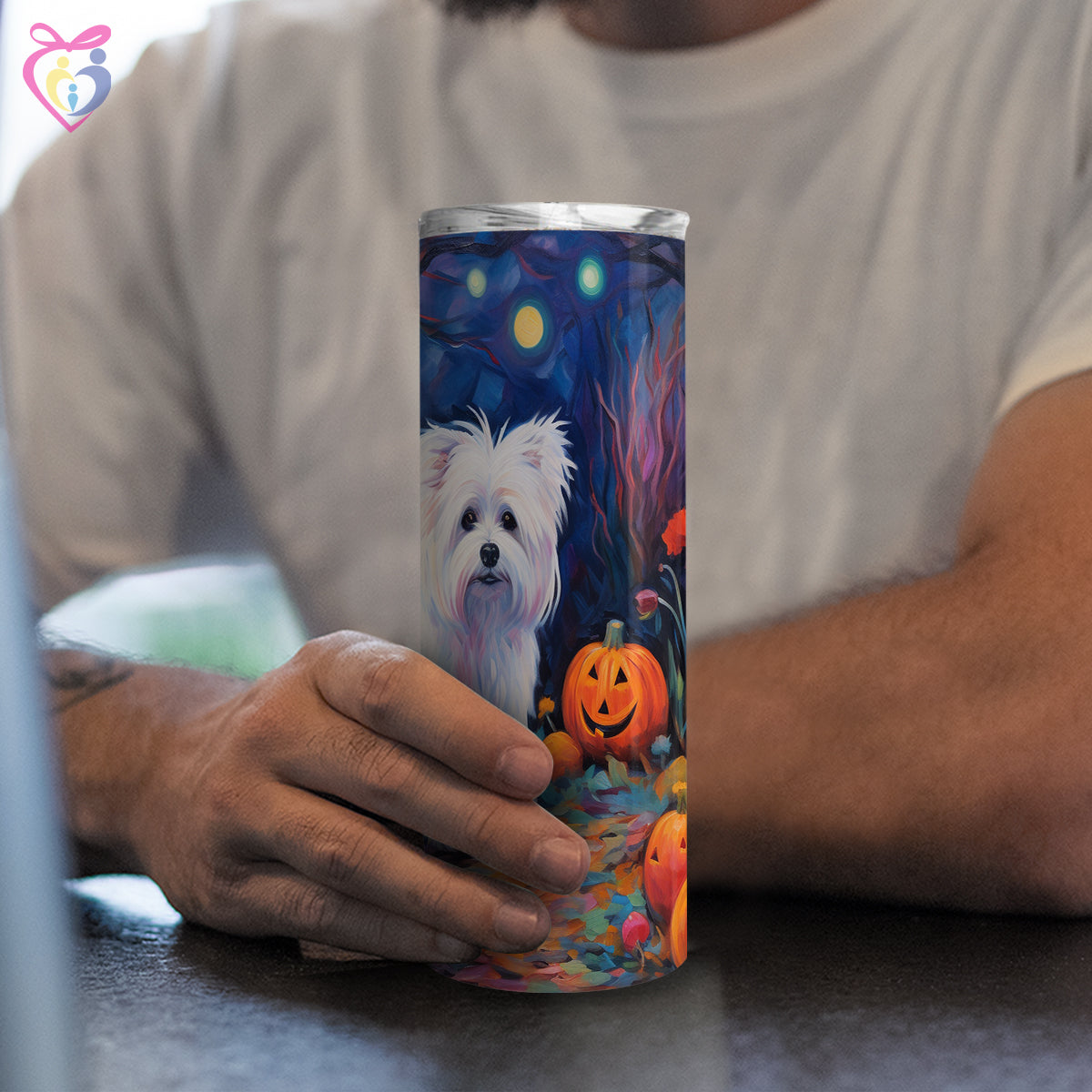 Maltese Halloween With Pumpkin 20oz Skinny Tumbler, Holiday Skinny Tumbler, For Dog Lovers, Vibrant Tumbler, Trending Tumbler