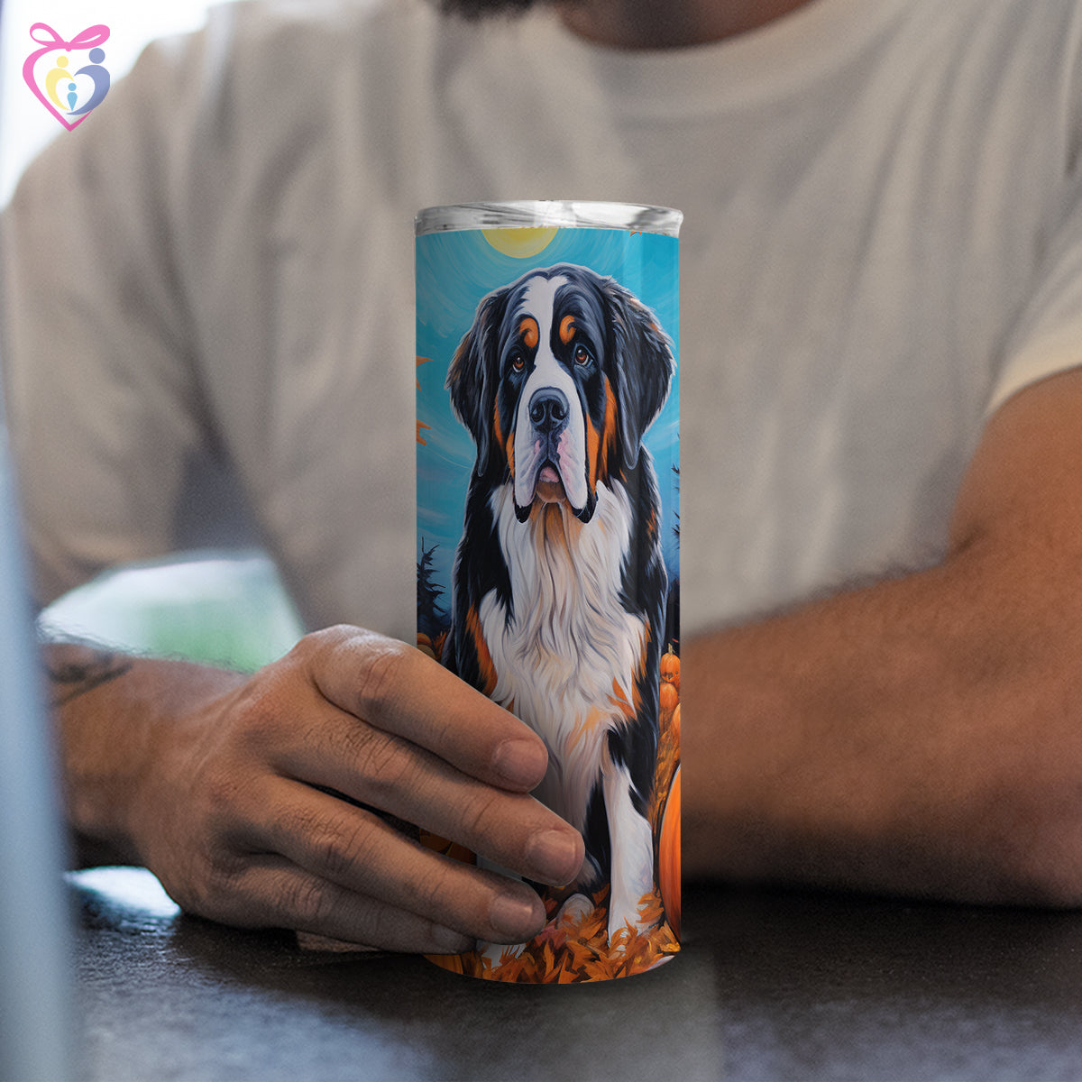 St. Bernards Halloween With Pumpkin 20oz Skinny Tumbler, Holiday Skinny Tumbler, For Dog Lovers, Vibrant Tumbler, Trending Tumbler