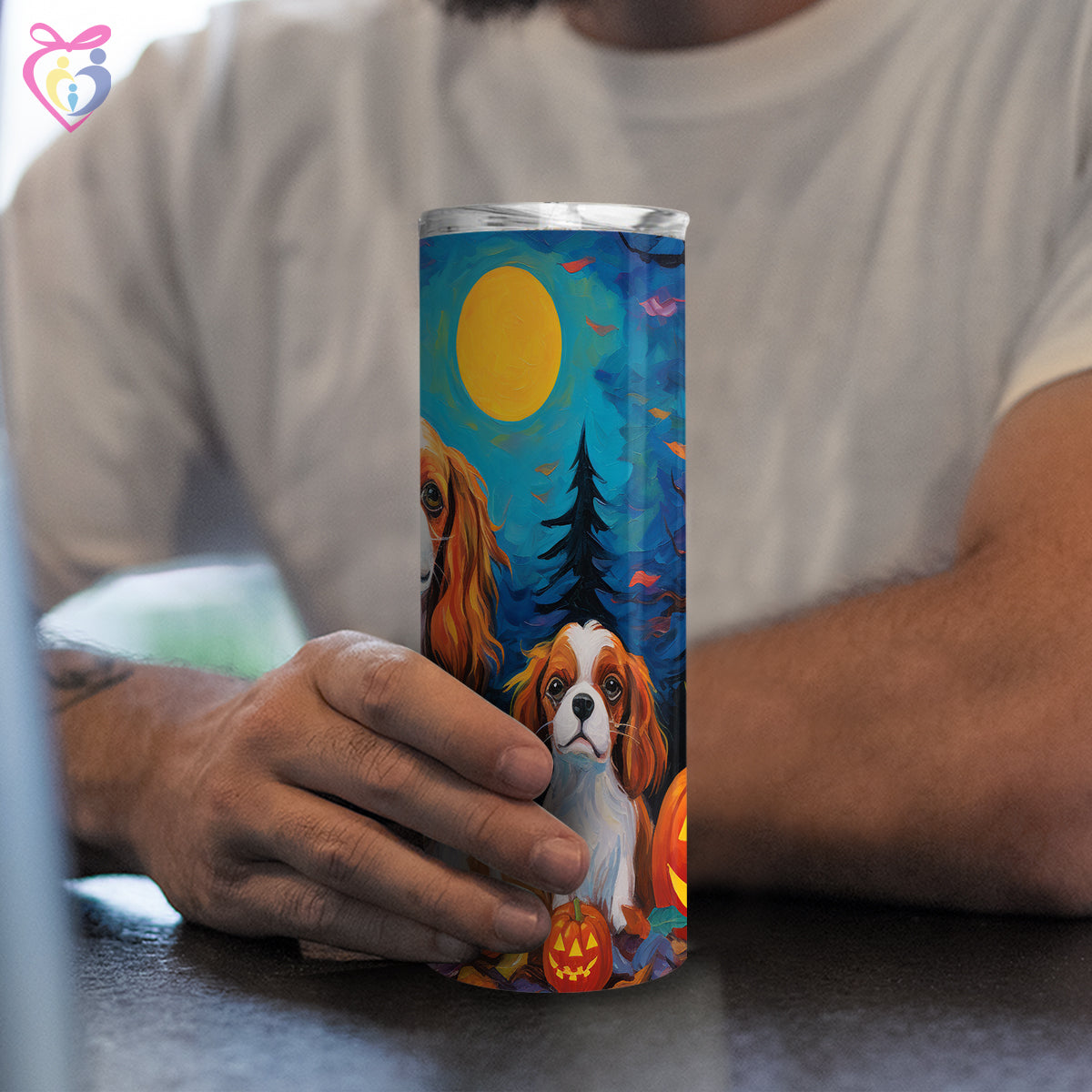 Cavalier King Charles Spaniels Halloween With Pumpkin 20oz Skinny Tumbler, Holiday Skinny Tumbler, For Dog Lovers, Vibrant Tumbler, Trending Tumbler