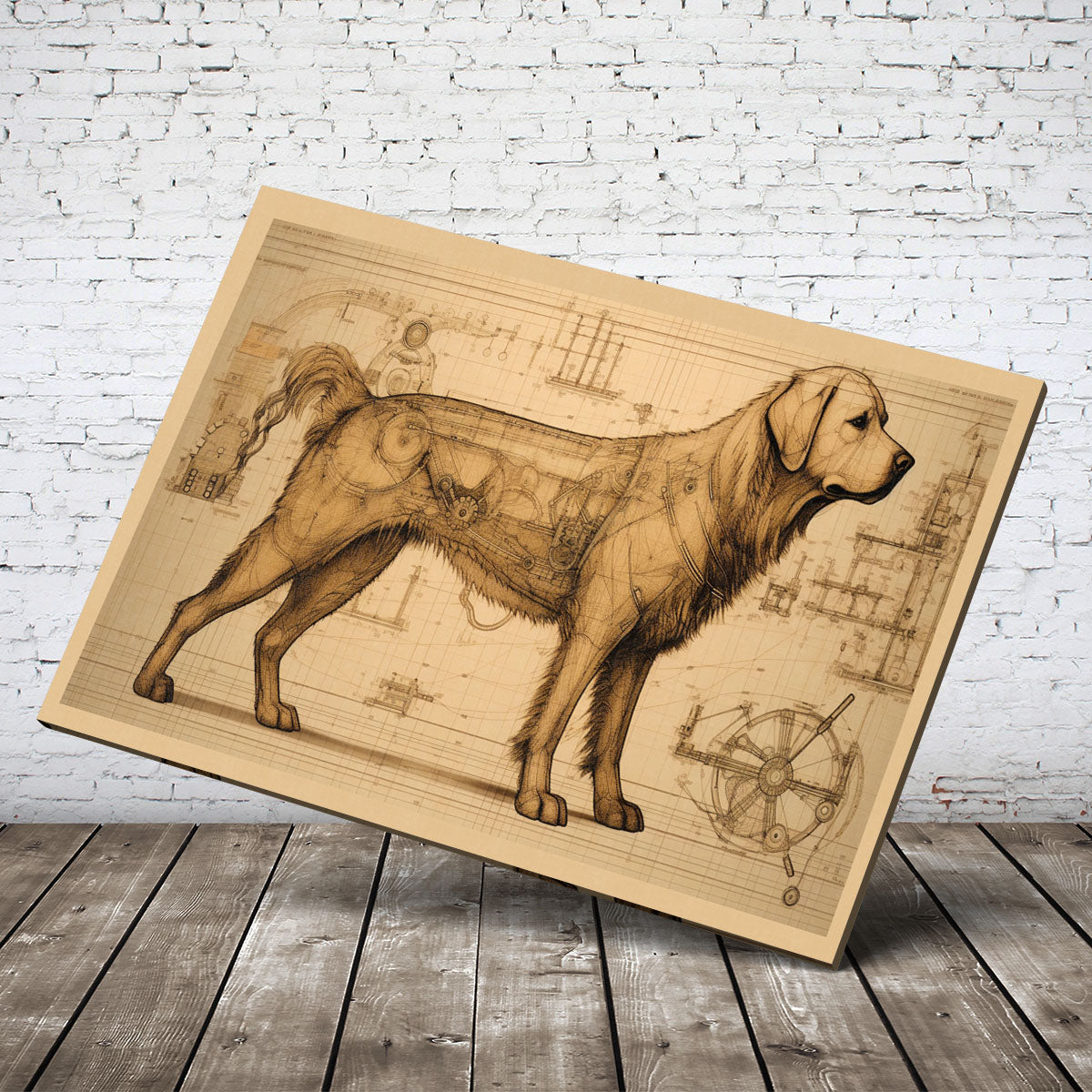 Drawings Golden Retriever 02 Dog Da Vinci Style Vintage Framed Canvas Prints Wall Art Hanging Home Decor