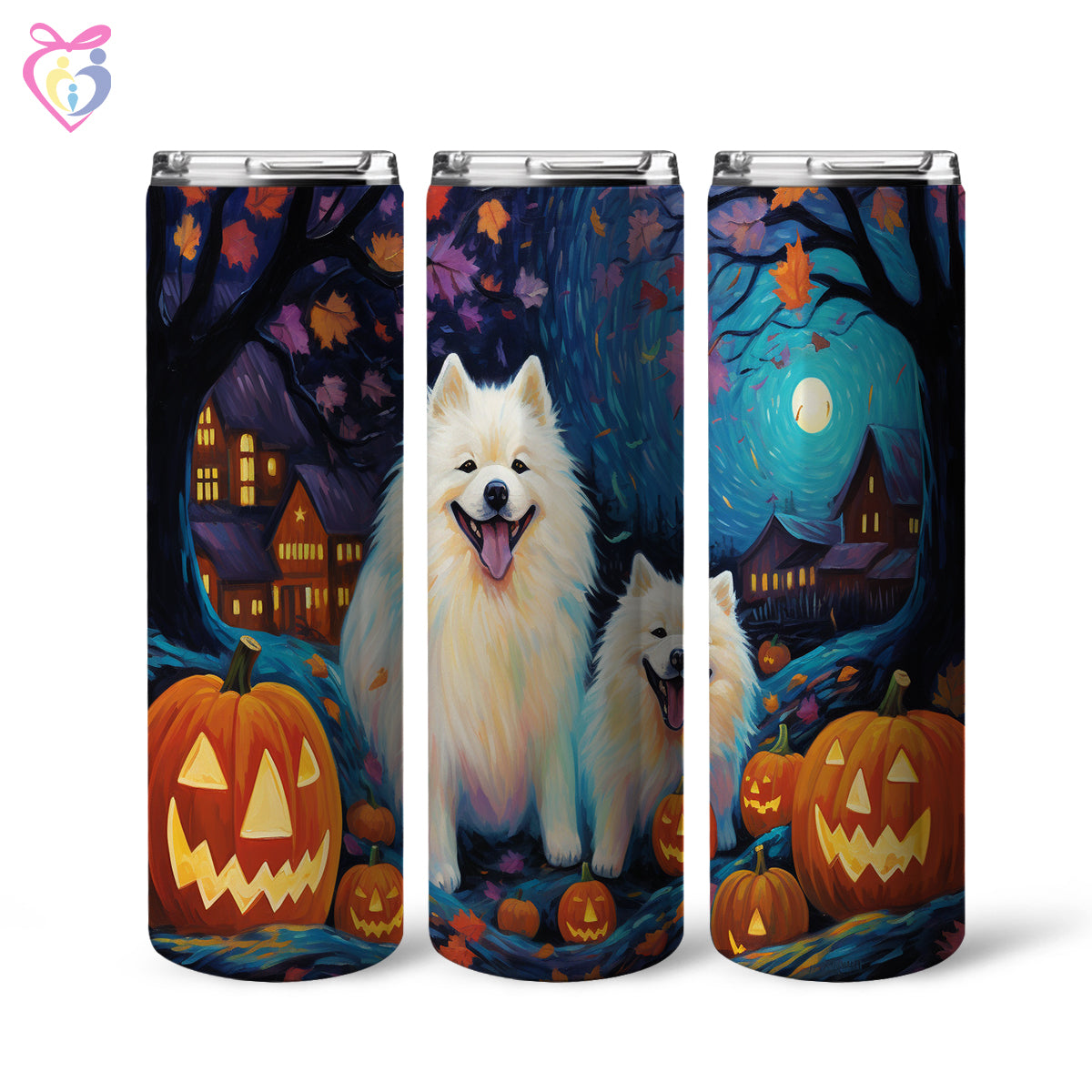 Samoyeds Halloween With Pumpkin 20oz Skinny Tumbler, Holiday Skinny Tumbler, For Dog Lovers, Vibrant Tumbler, Trending Tumbler