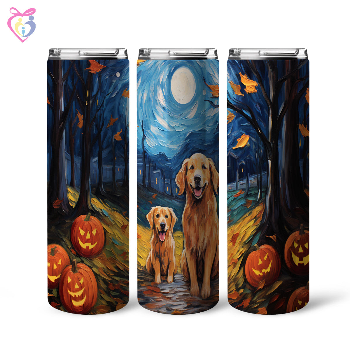 Golden Retrievers Halloween With Pumpkin 20oz Skinny Tumbler, Holiday Skinny Tumbler, For Dog Lovers, Vibrant Tumbler, Trending Tumbler