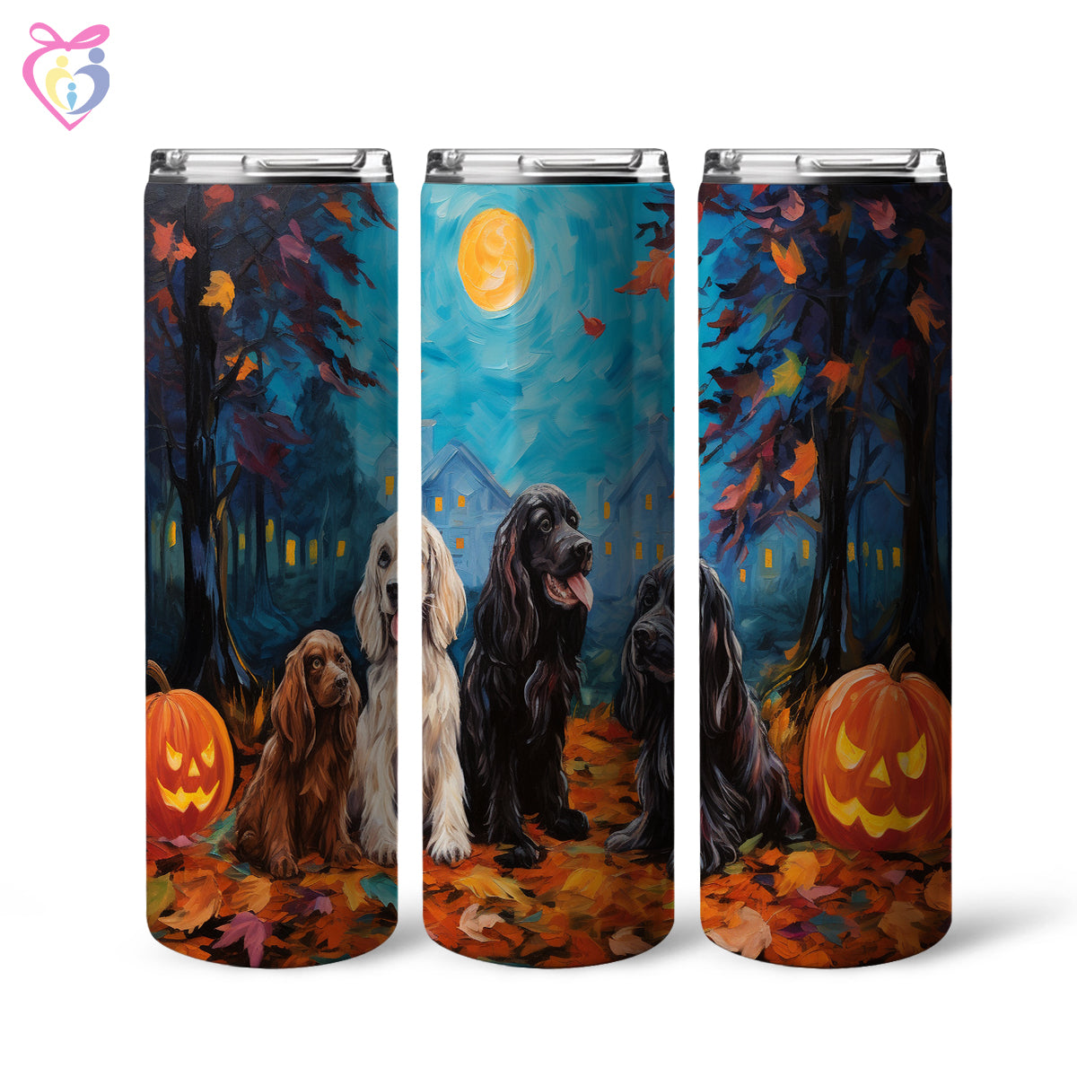 English Cocker Spaniels Halloween With Pumpkin 20oz Skinny Tumbler, Holiday Skinny Tumbler, For Dog Lovers, Vibrant Tumbler, Trending Tumbler