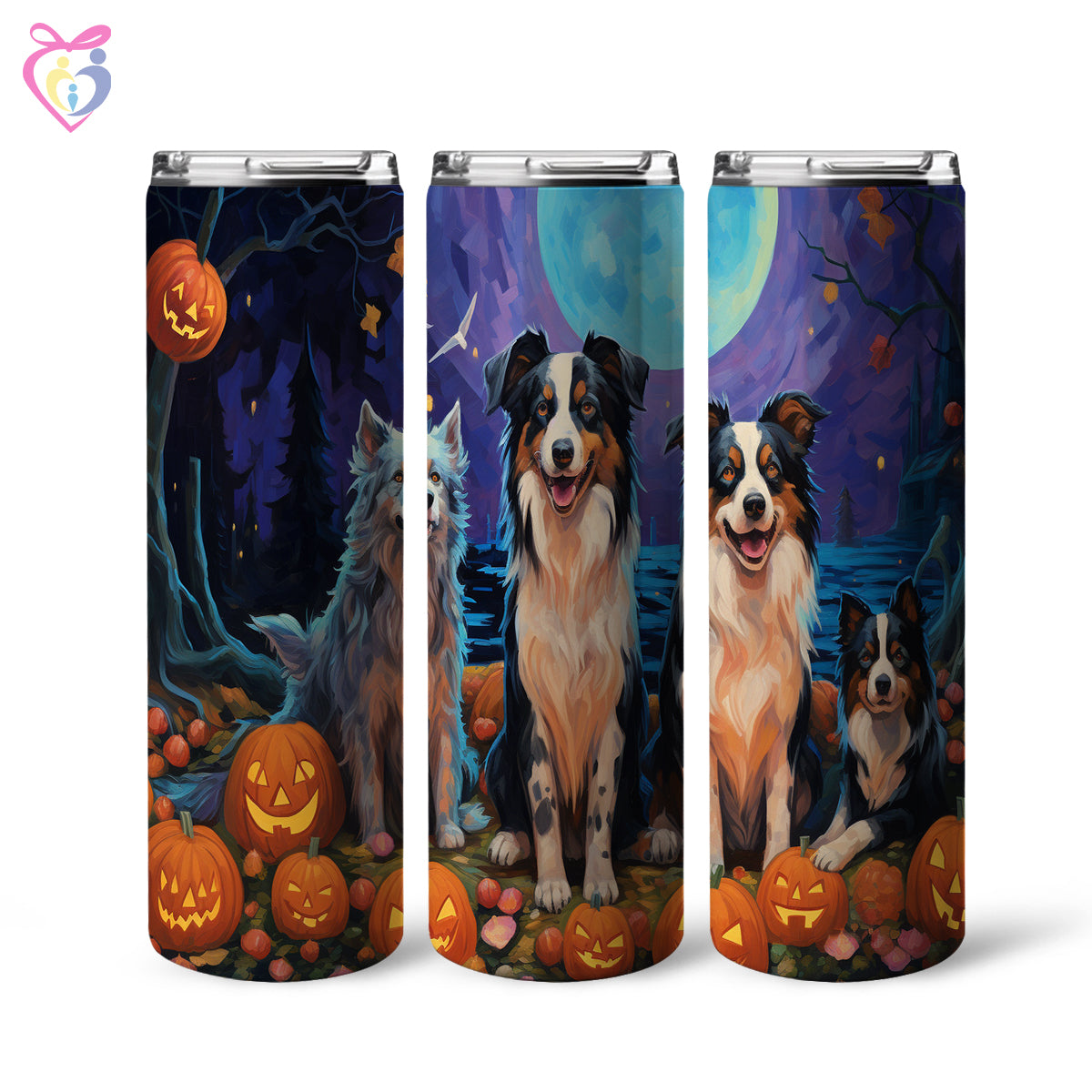 Miniature American Shepherds Halloween With Pumpkin 20oz Skinny Tumbler, Holiday Skinny Tumbler, For Dog Lovers, Vibrant Tumbler, Trending Tumbler